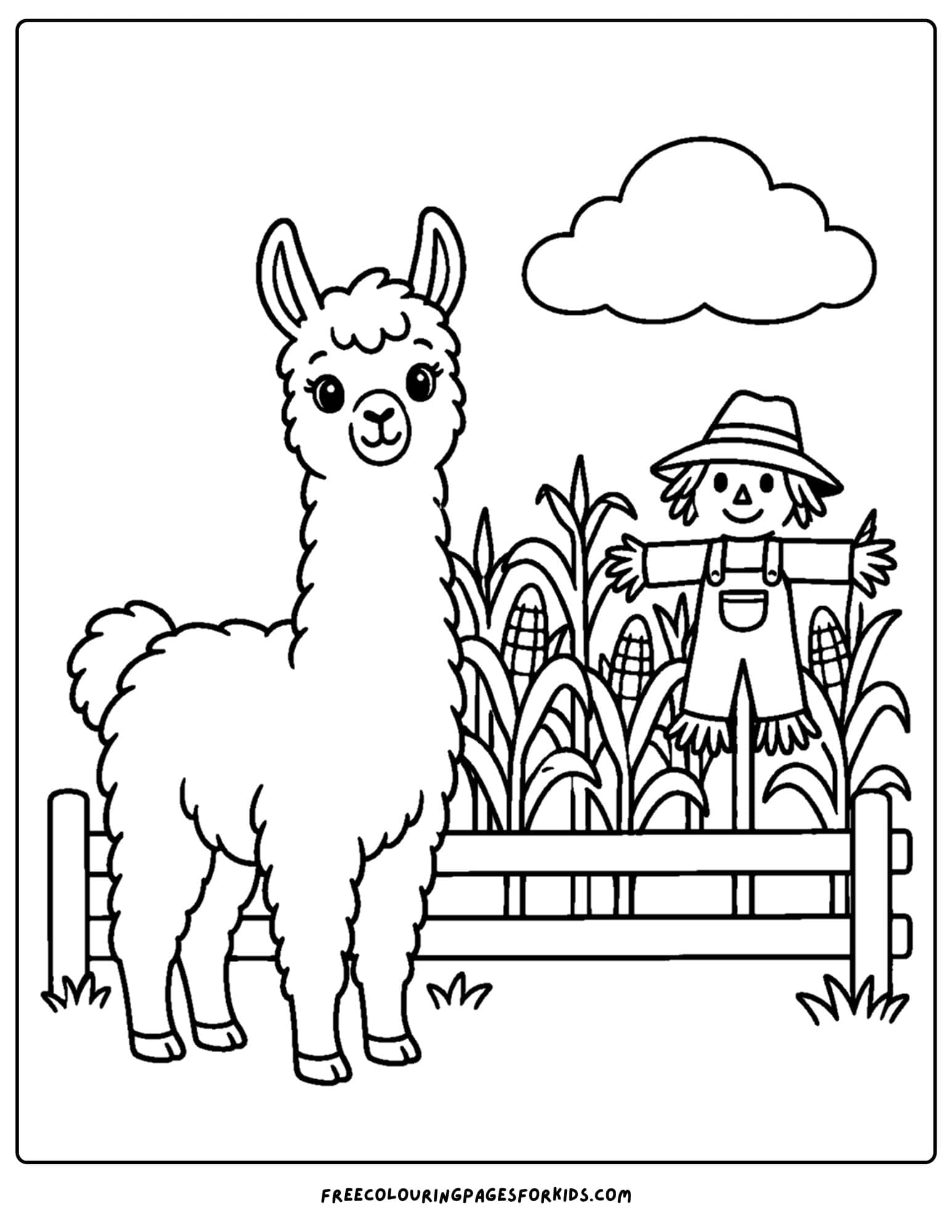 a coloring page of a llama in a cornfield