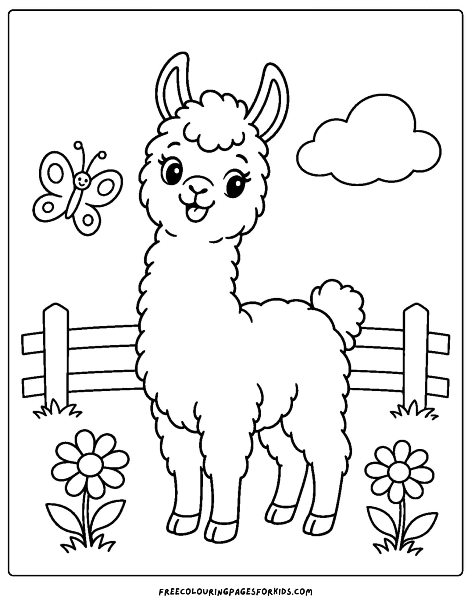 a coloring page of a llama in a daisy meadow