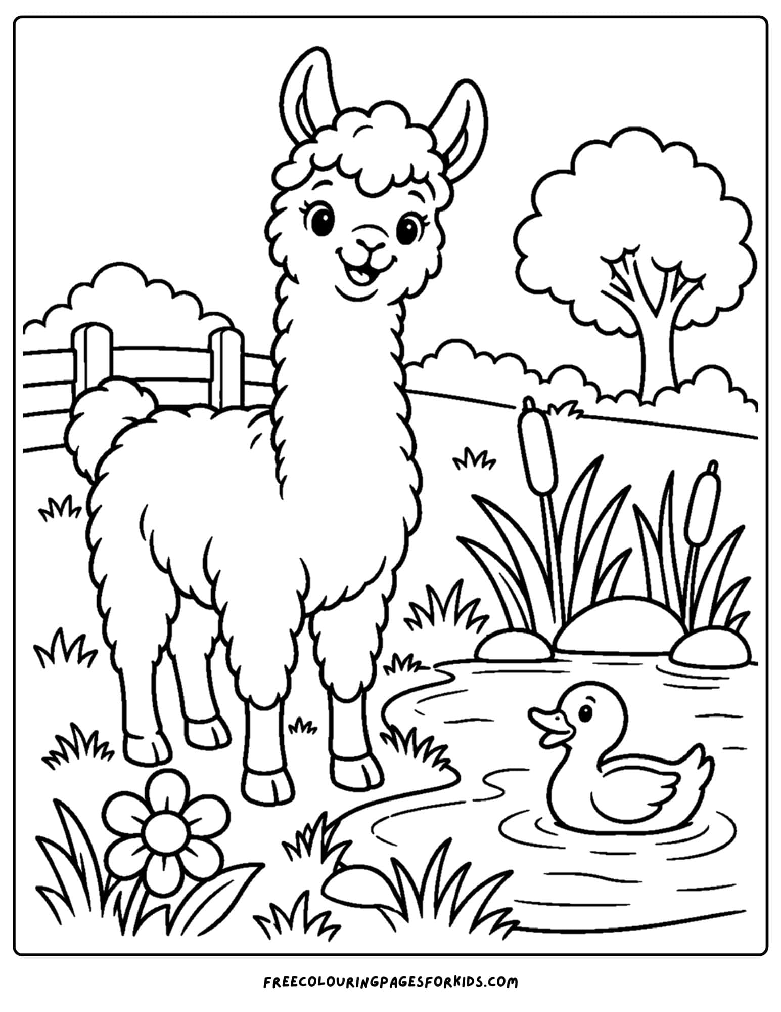 a coloring page of a llama beside a pond with a duck