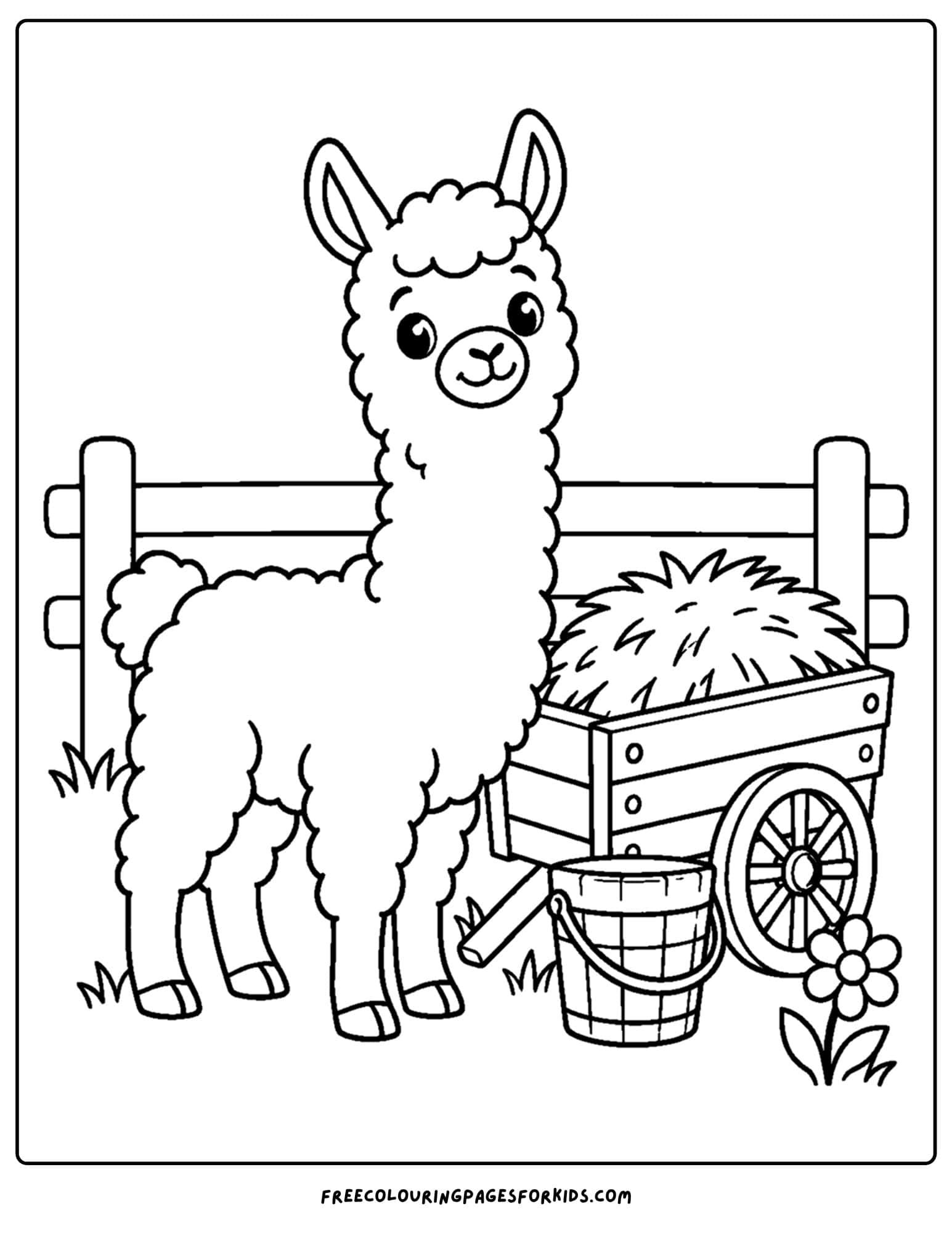 a coloring page of a llama beside a cart