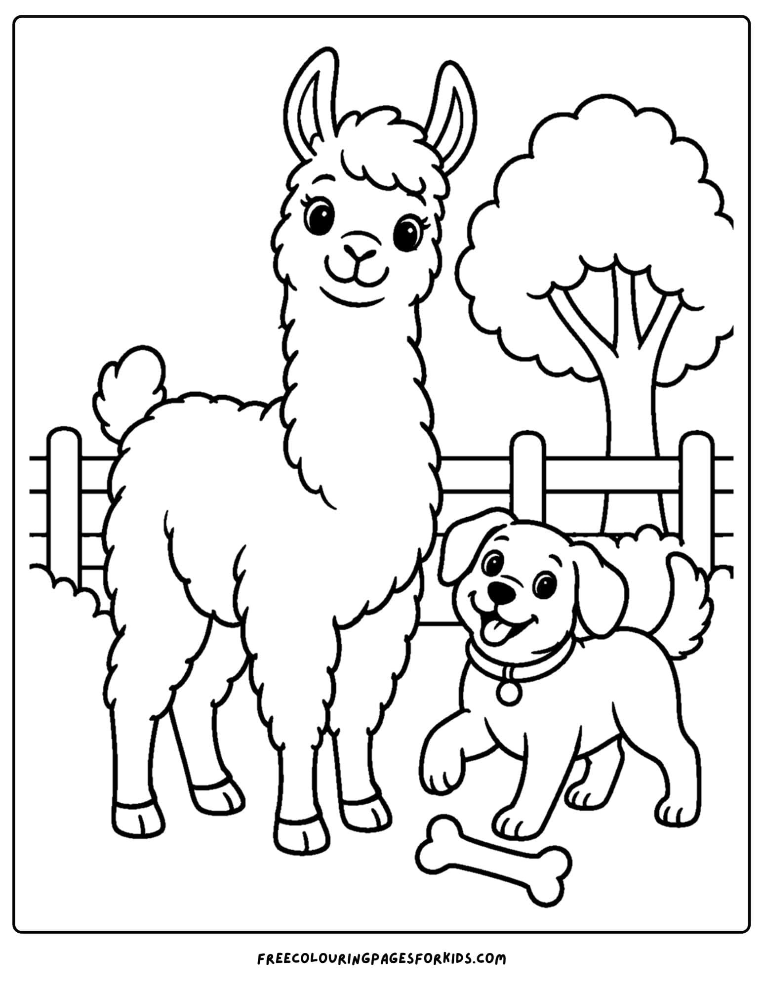 a coloring page of a llama with a dog on the farm