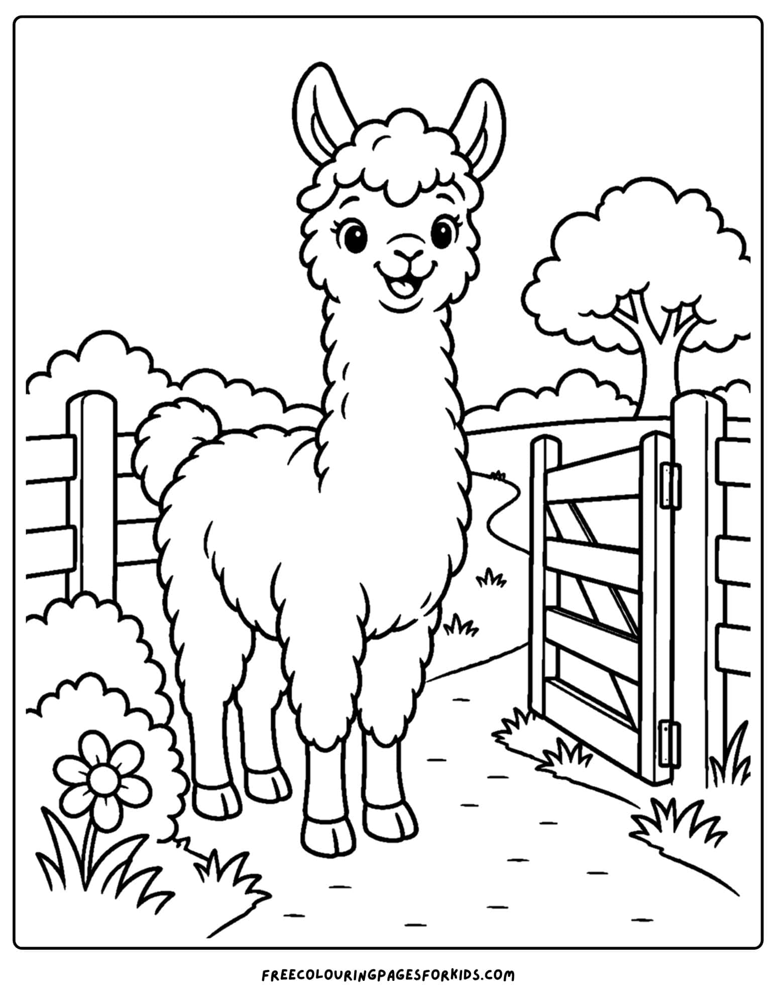 a coloring page of a llama beside a gate