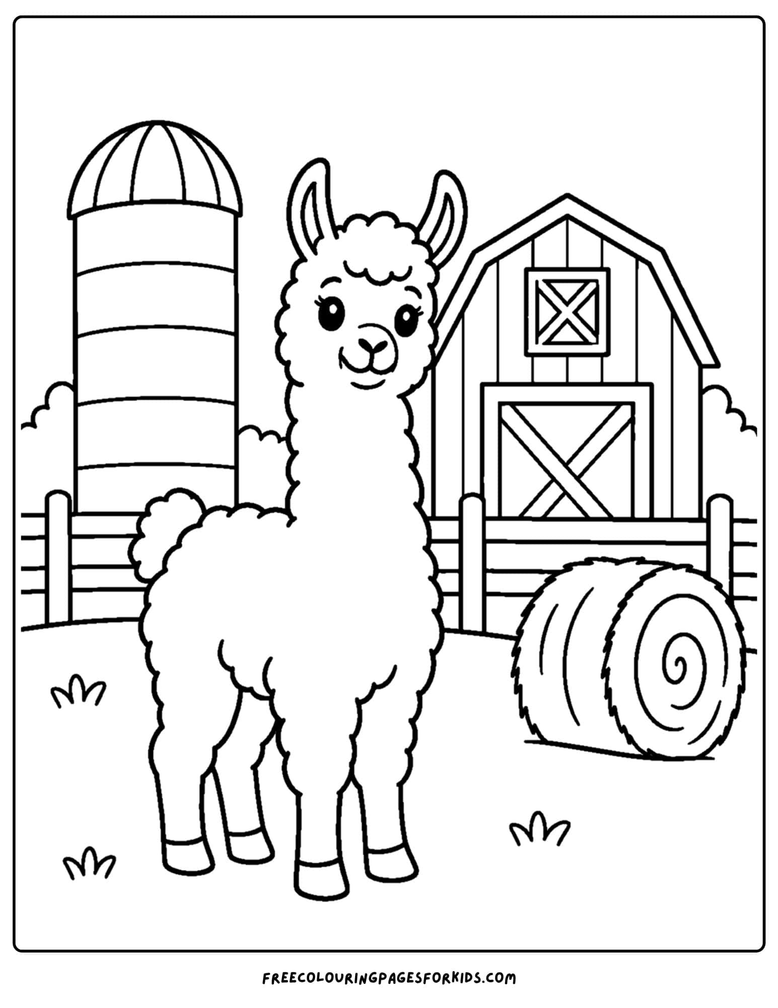 a coloring page of a llama outside a barn with a silo