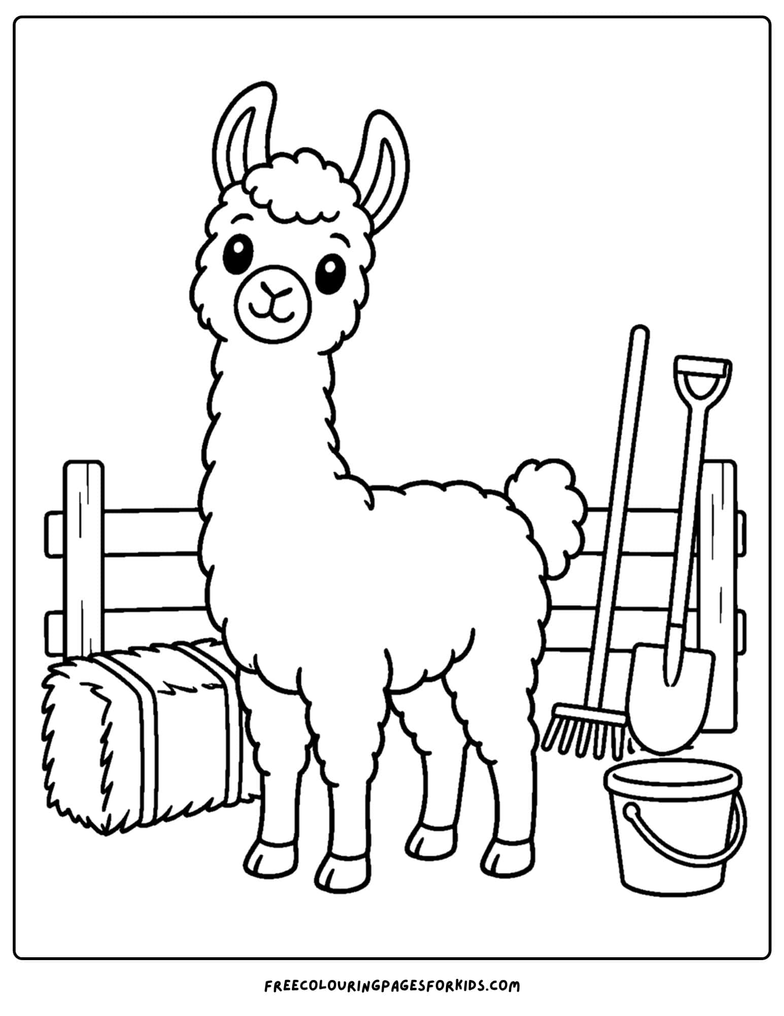 a coloring page of a llama beside some farm tools