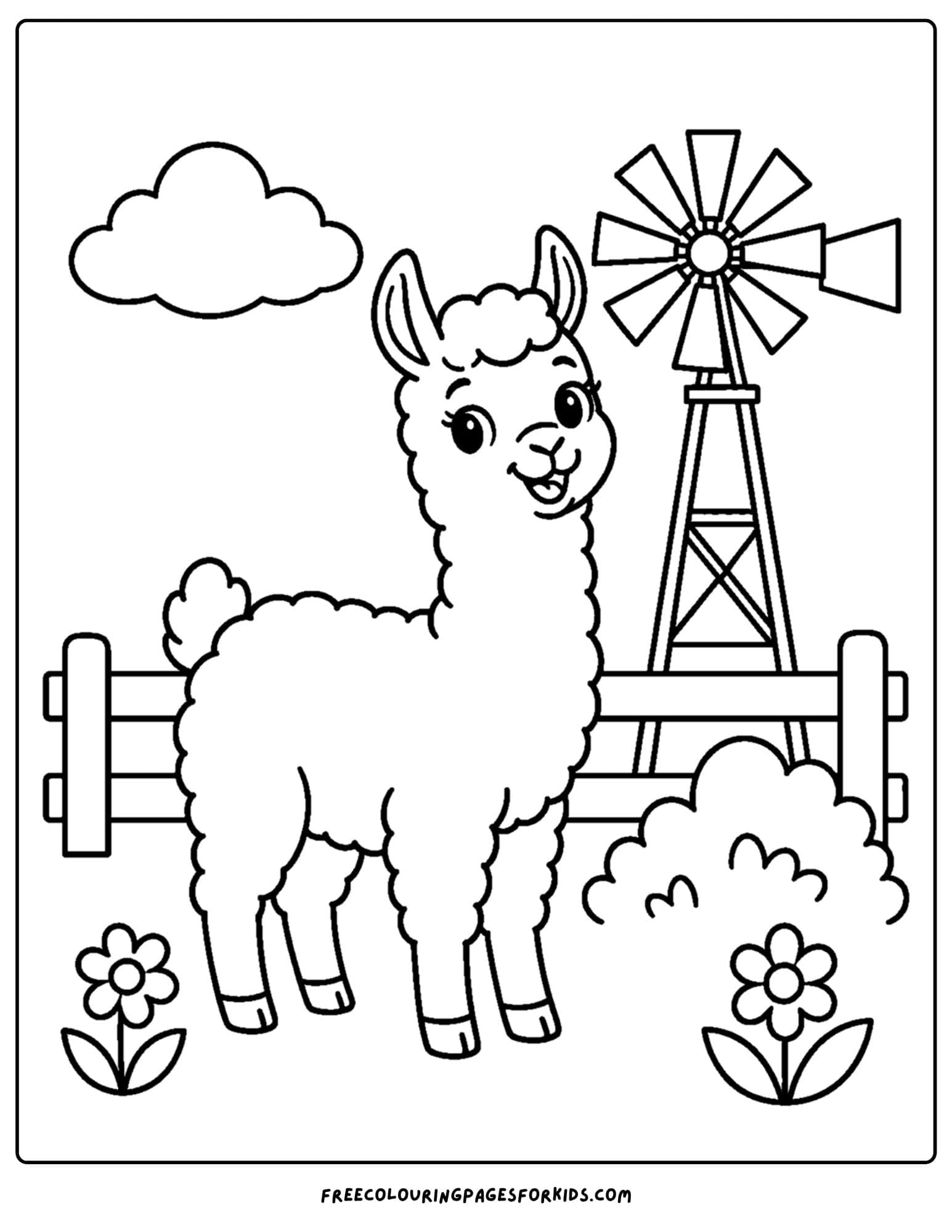 a coloring page of a llama on a farm beside a windmill