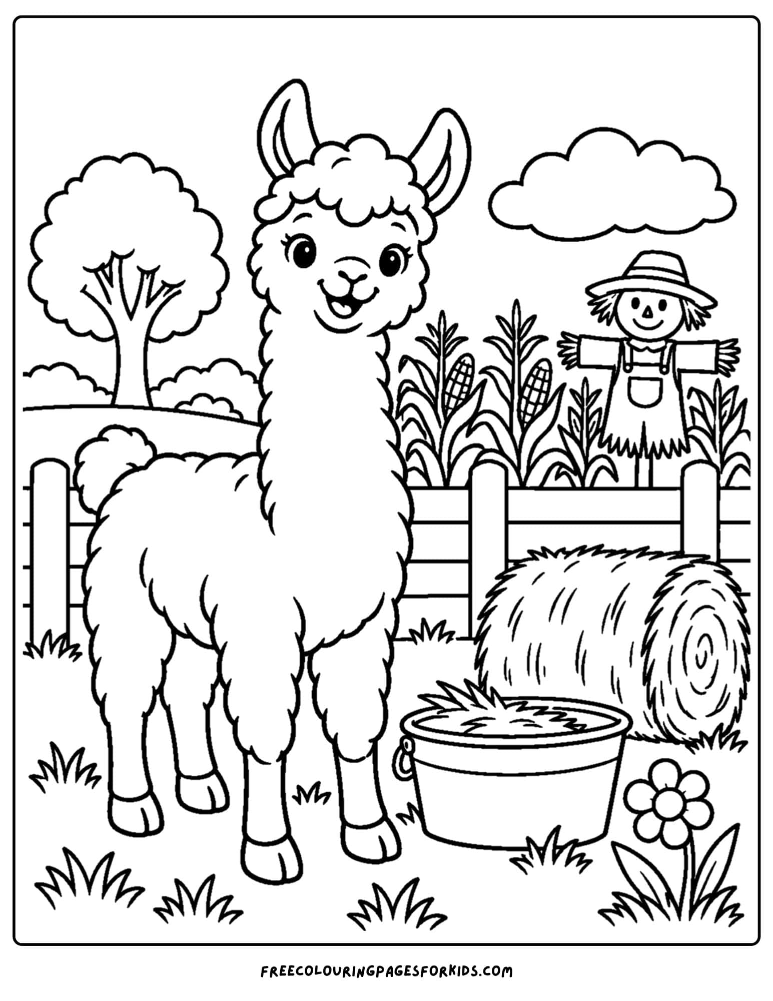 a coloring page of a llama in front of a corn field and with a feed bucket