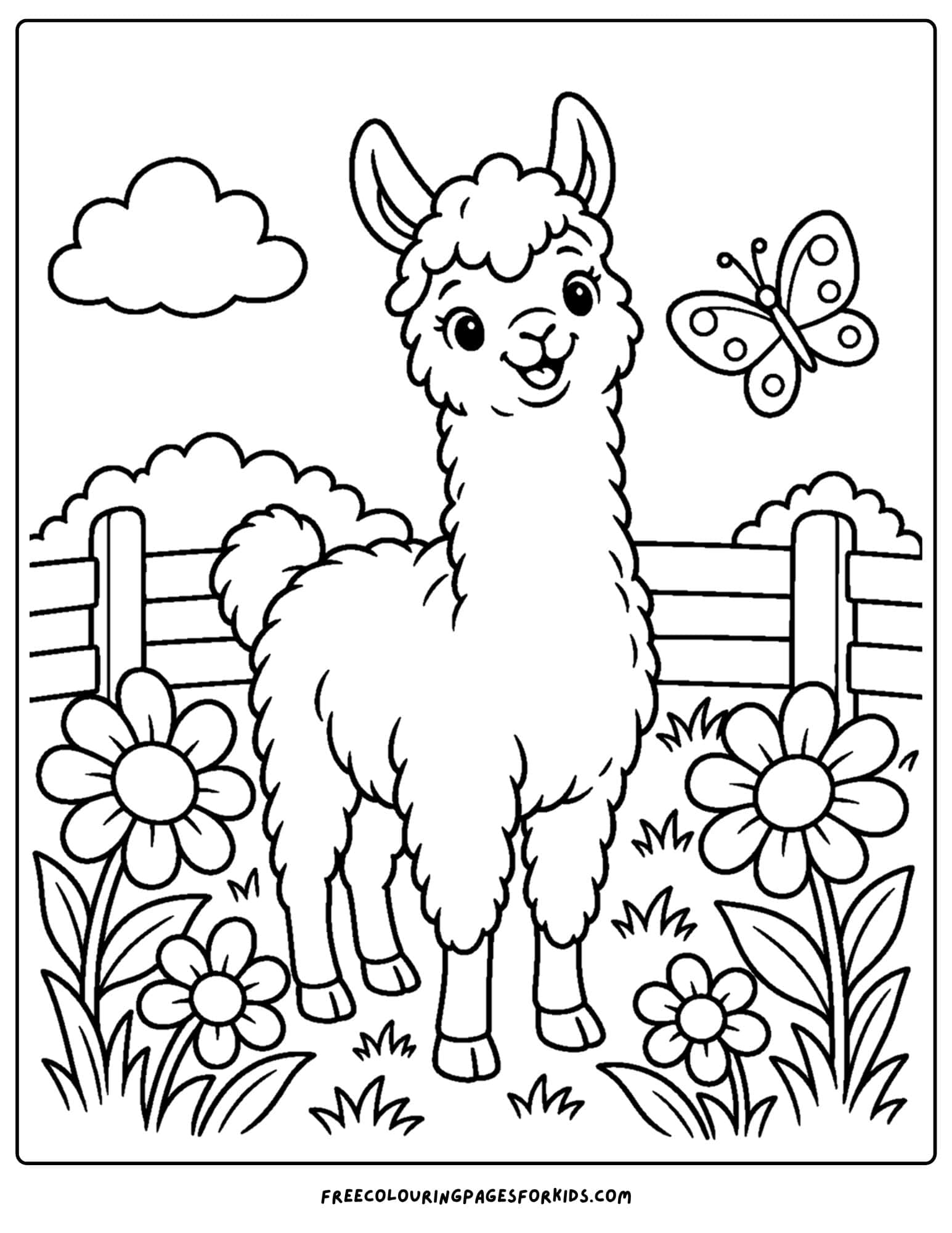 a coloring page of a llama amongst some flowers
