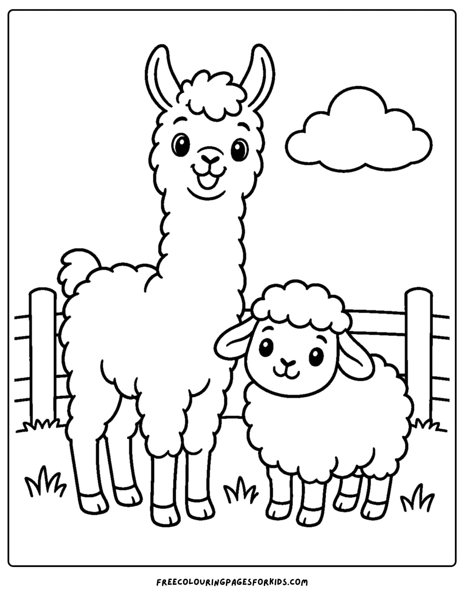 a coloring page of a llama and a fluffy sheep