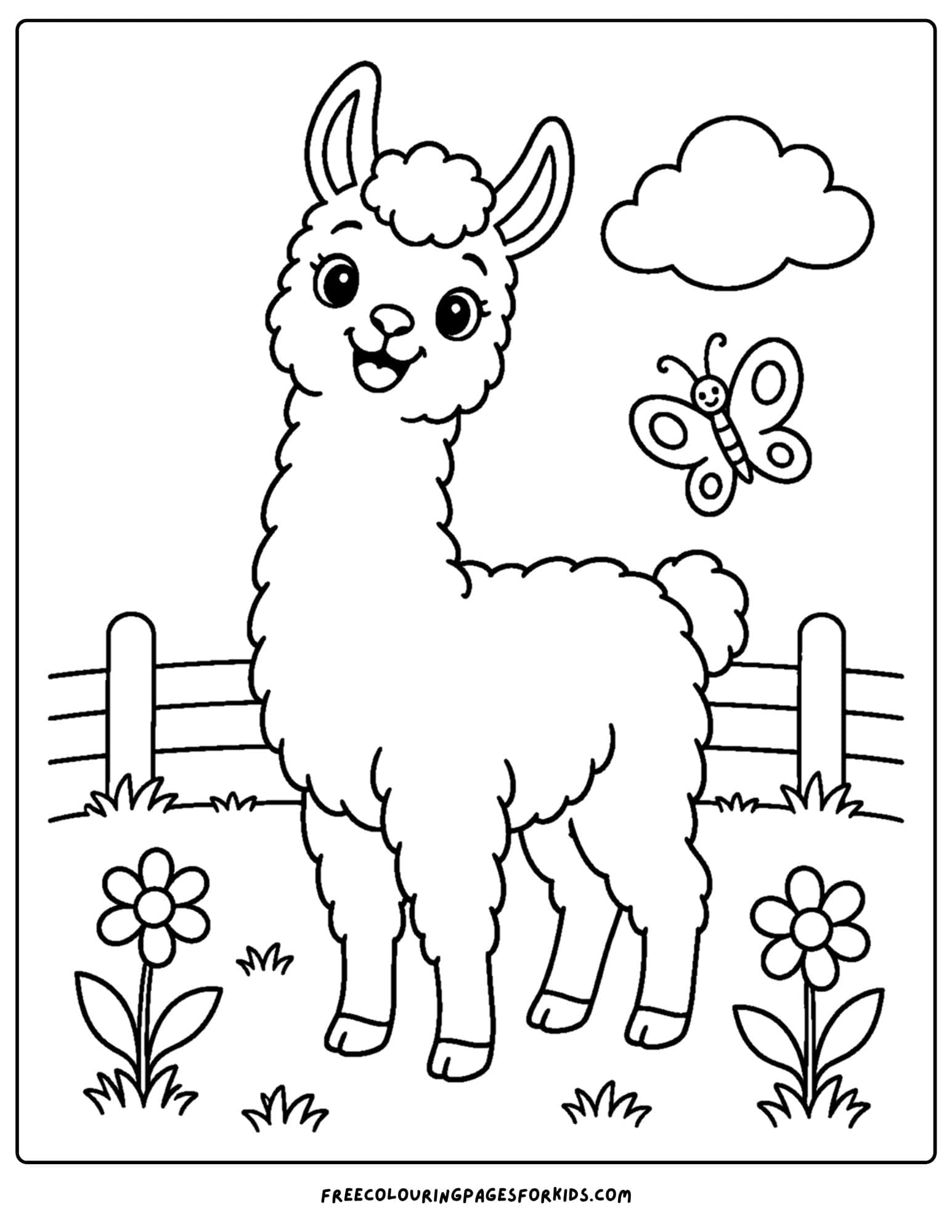 a coloring page of a llama in a grassy field