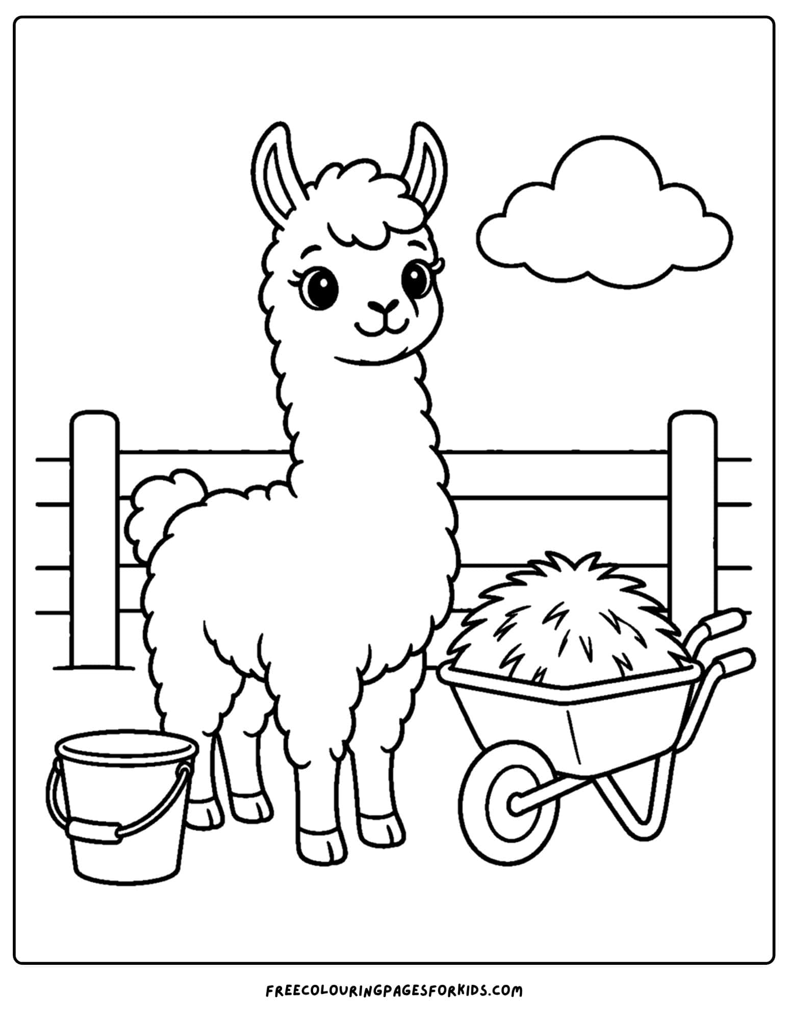 a coloring page of a llama beside a wheelbarrow full of hay