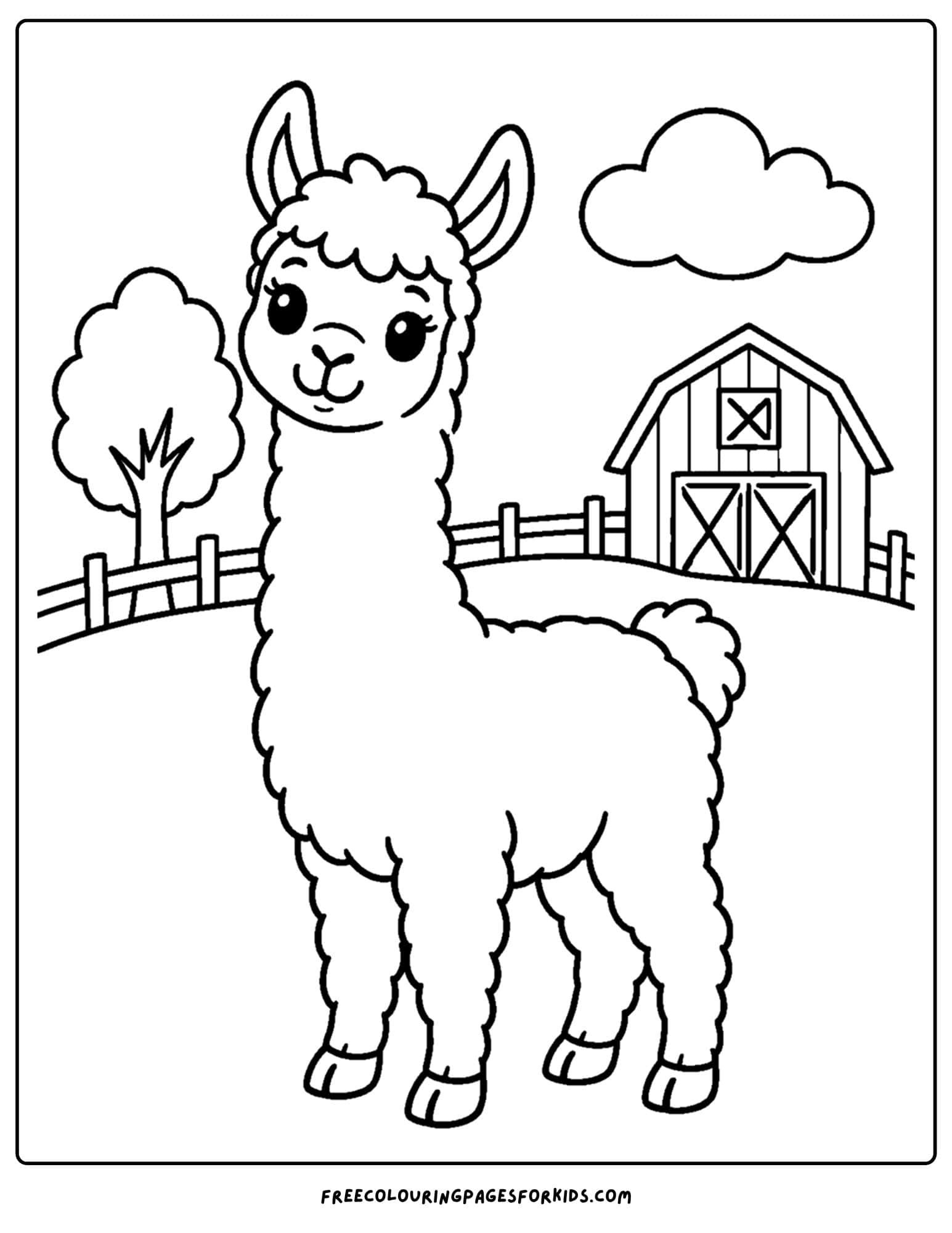 a coloring page of a llama on a hill in front of a barn
