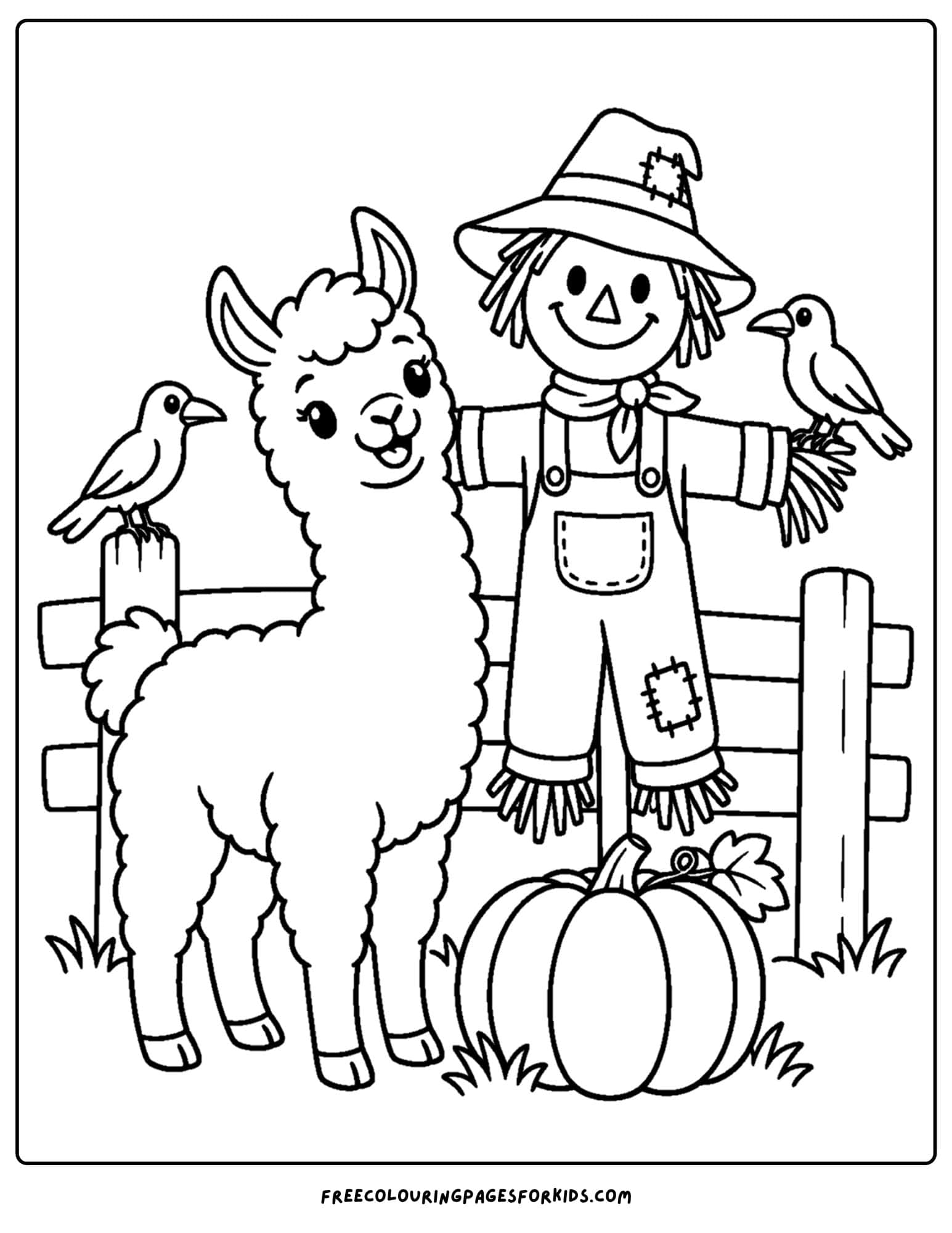 a coloring page of a llama with a scarecrow and a pumpkin