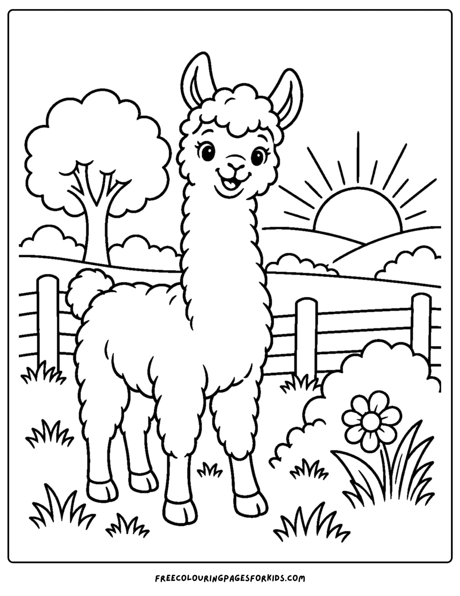 a coloring page of a llama in a field at sunrise