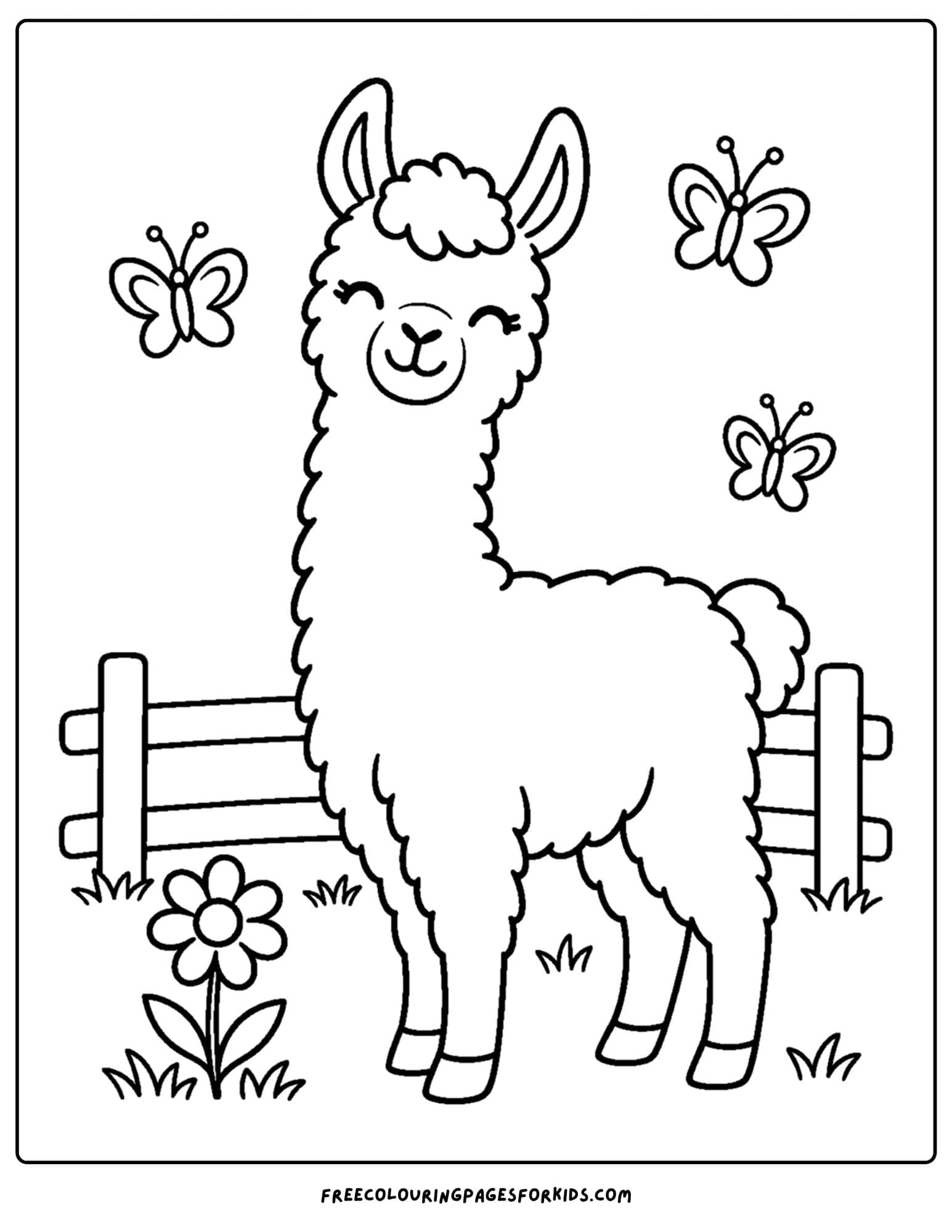 a coloring page of a llama and some butterflies