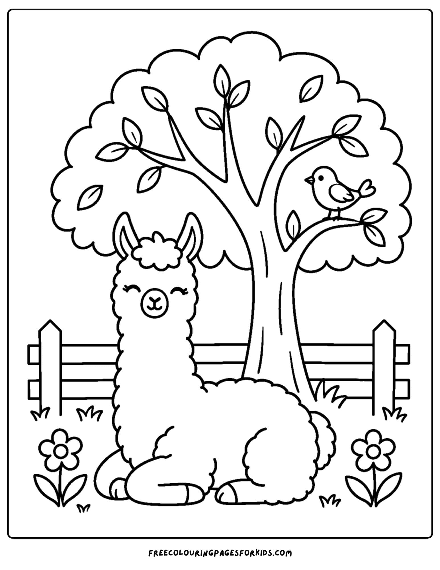 a coloring page of a llama under a tree