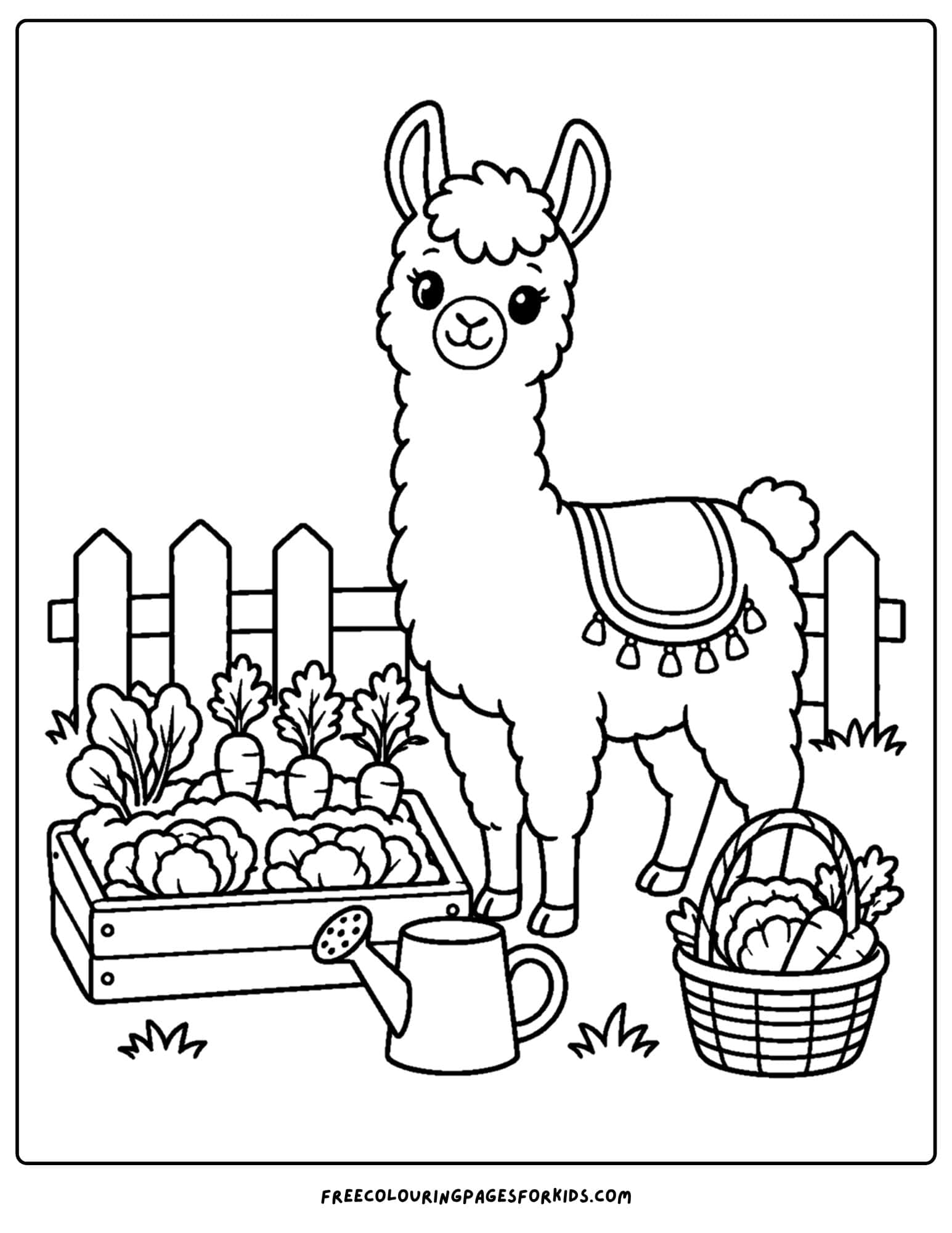 a coloring page of a llama beside a vegetable garden