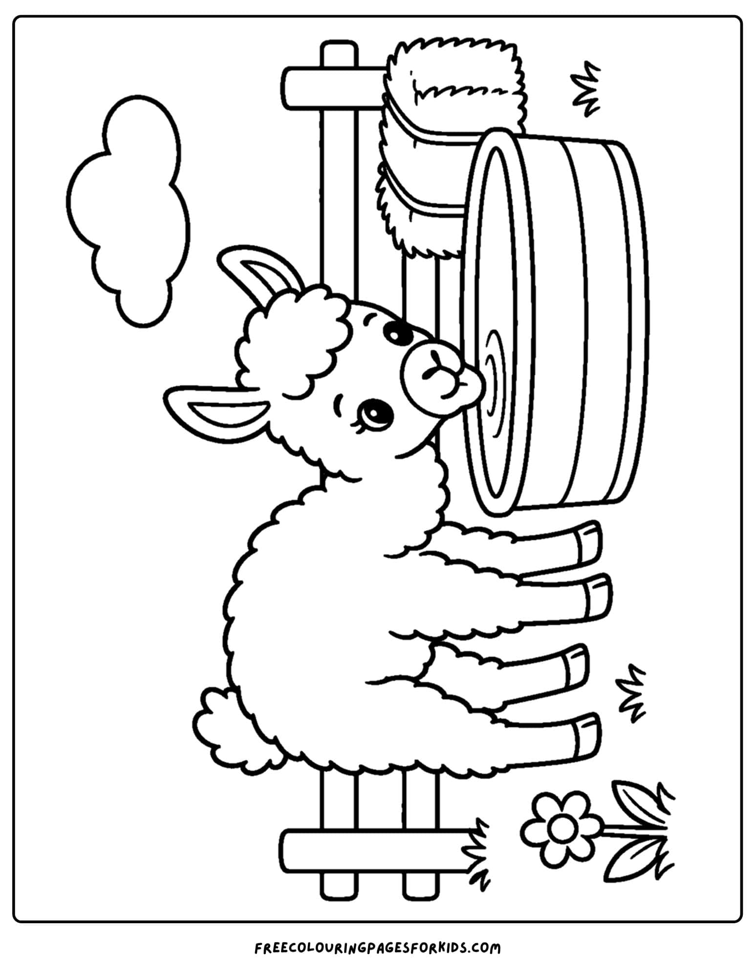 a coloring page of a llama drinking from a water trough
