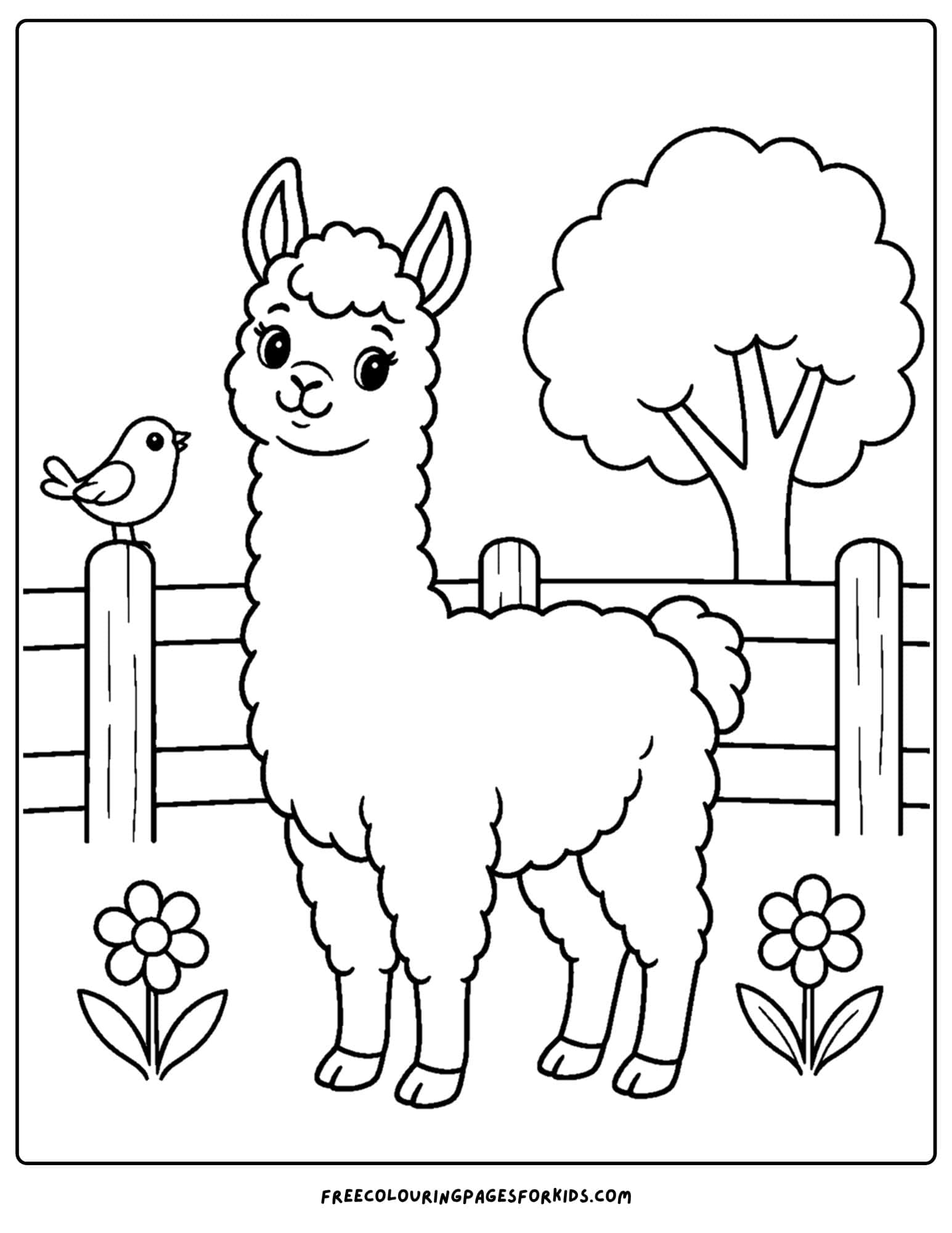a coloring page of a llama beside a wooden fence