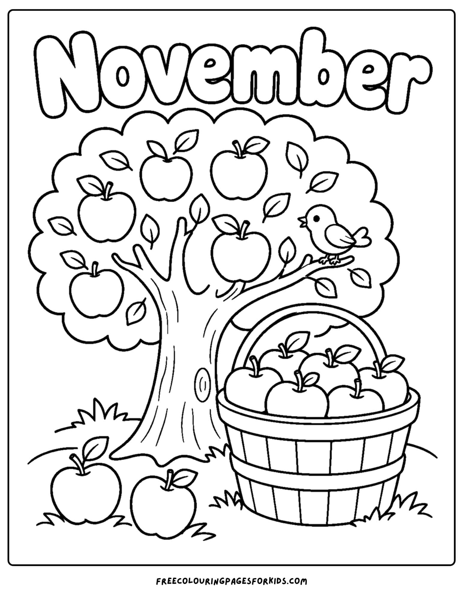 a coloring page to celebrate the month of november that features an apple tree full of apples