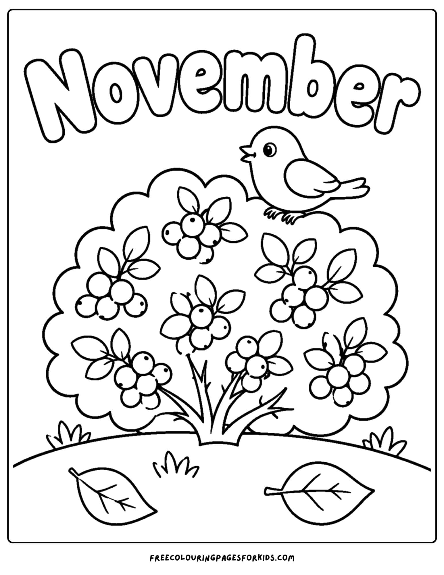 a coloring page to celebrate the month of november that features a berry bush with a bird on it