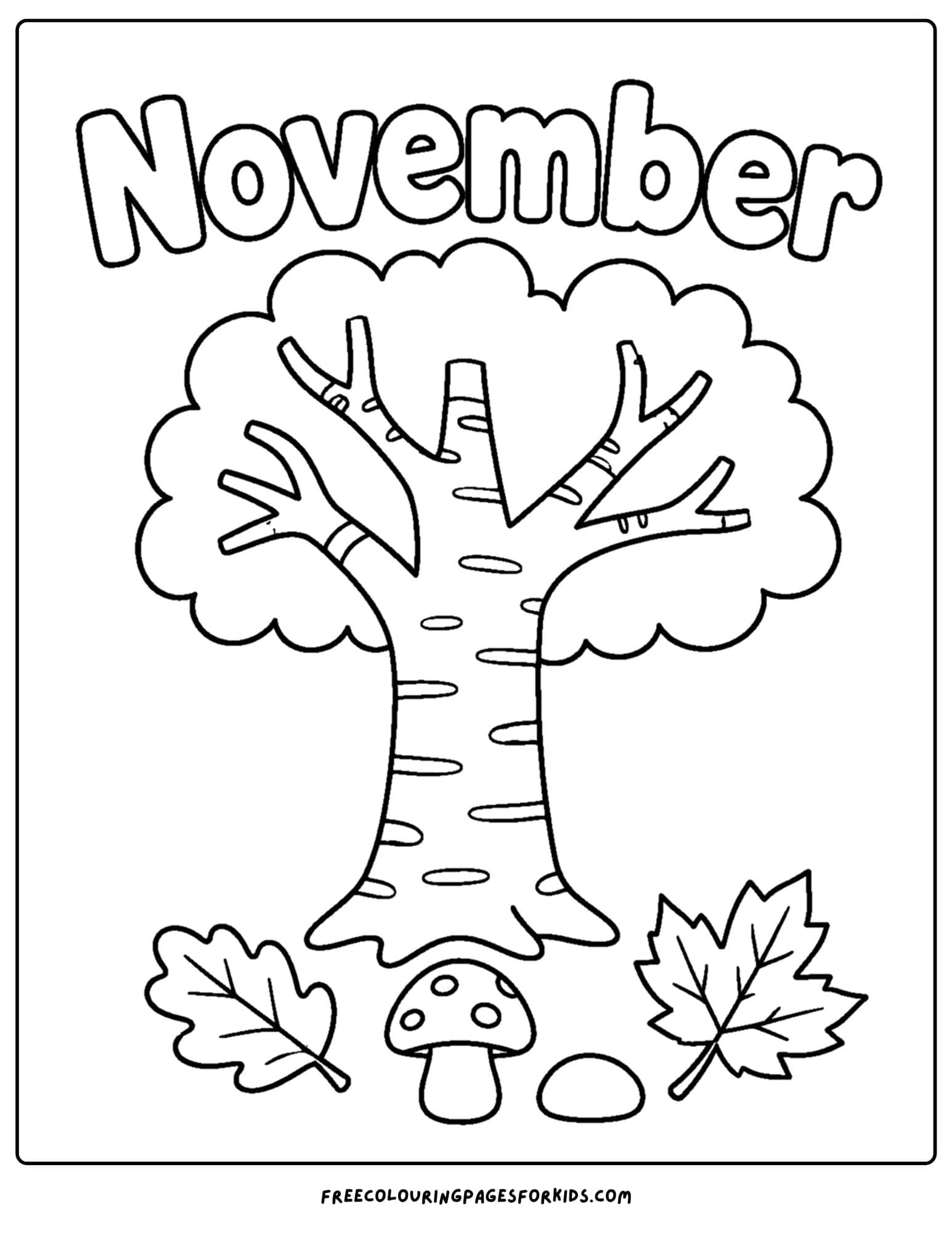 a coloring page to celebrate the month of november that features a birch tree and mushrooms