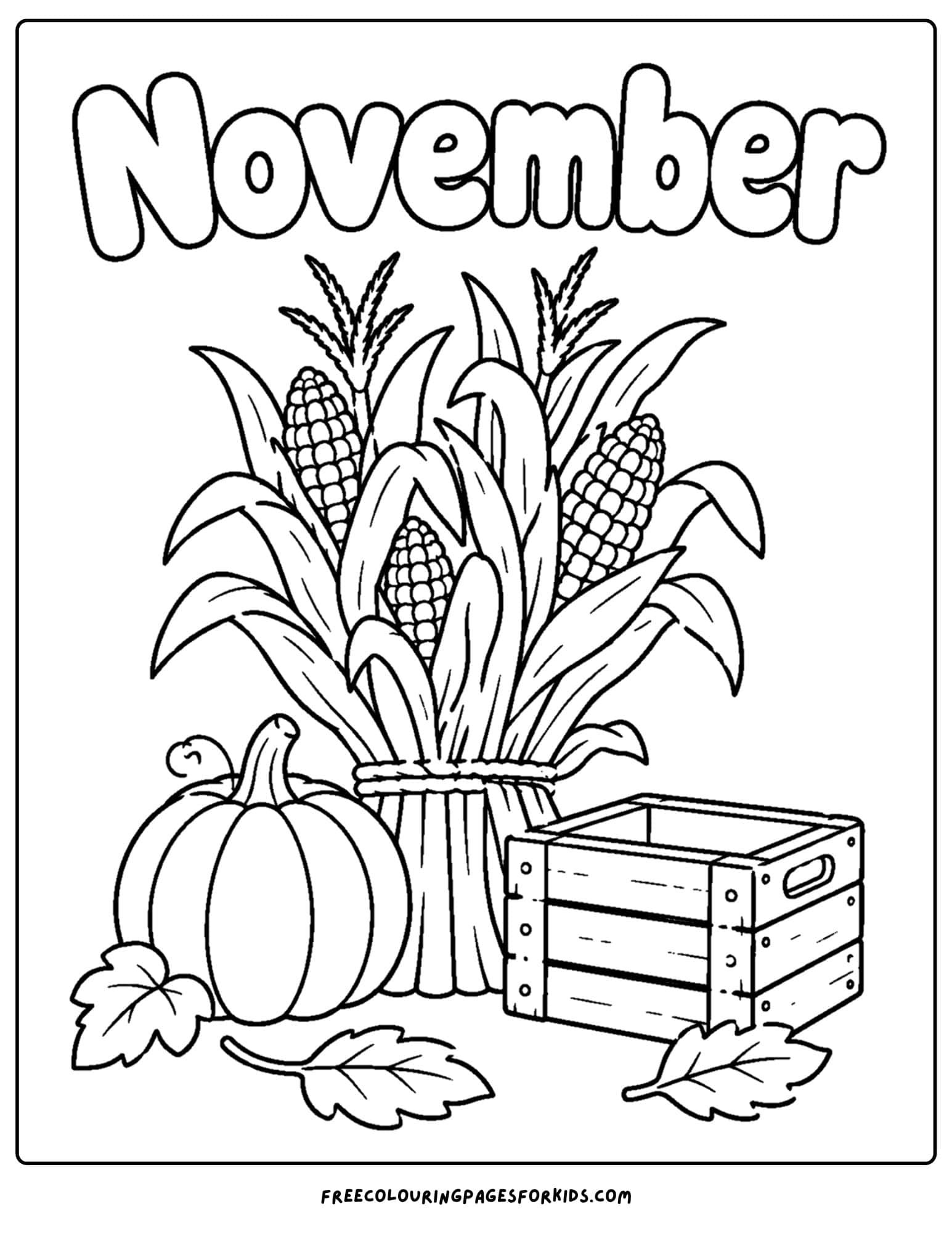 a coloring page to celebrate the month of november that features a harvest crate with corn and pumpkins