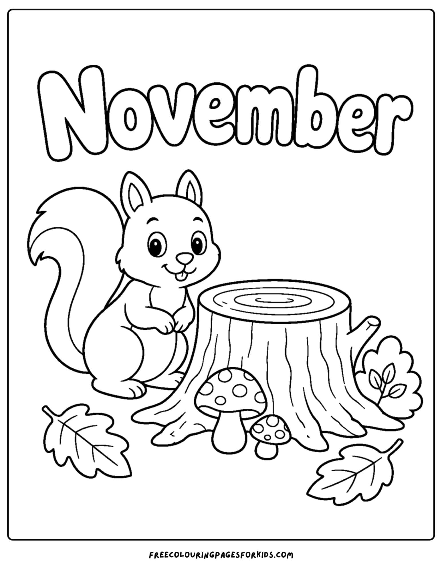 a coloring page to celebrate the month of november that features a squirrel beside a tree stump