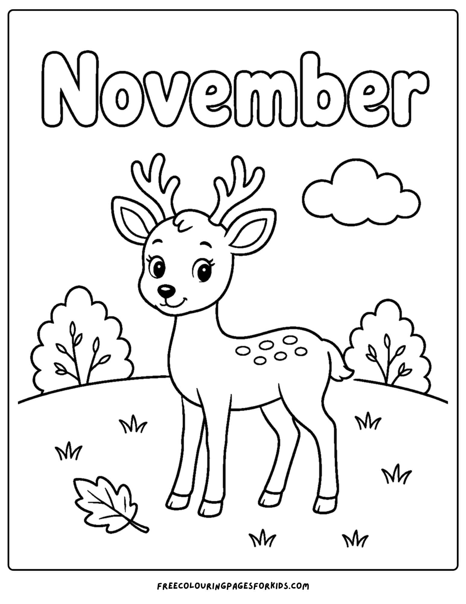 a coloring page to celebrate the month of november that features a deer in a meadow