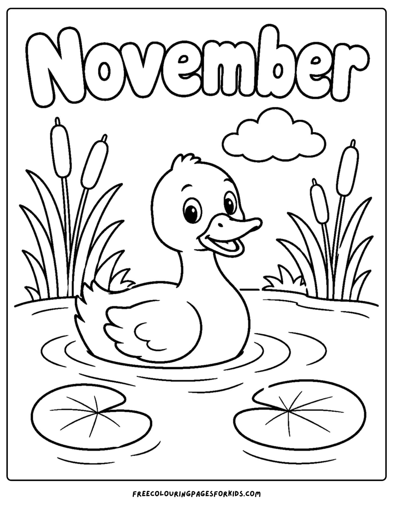 a coloring page to celebrate the month of november that features a duck on a pond amongst the reeds
