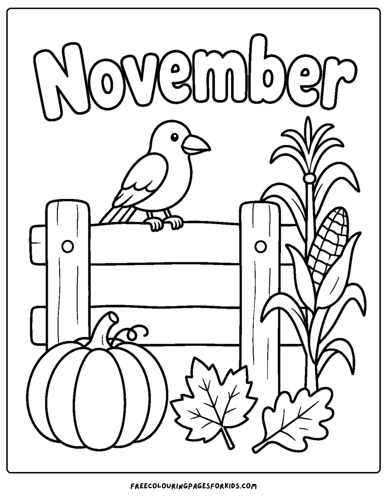 a coloring page to celebrate the month of november that features a fence with a bird sitting on it and a pumpkin and corn stalk