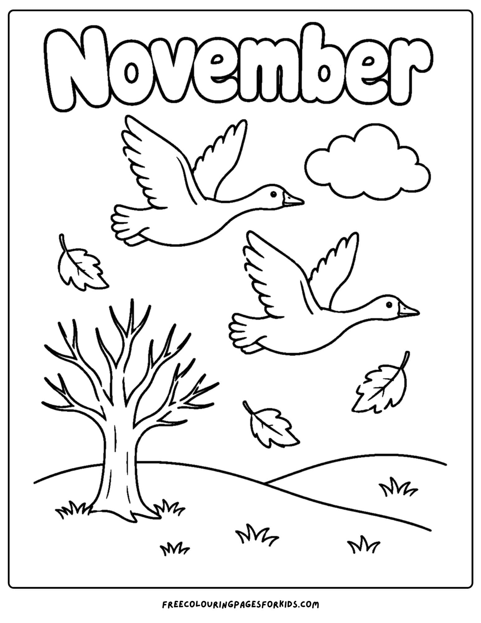 a coloring page to celebrate the month of november that features geese flying over a meadow