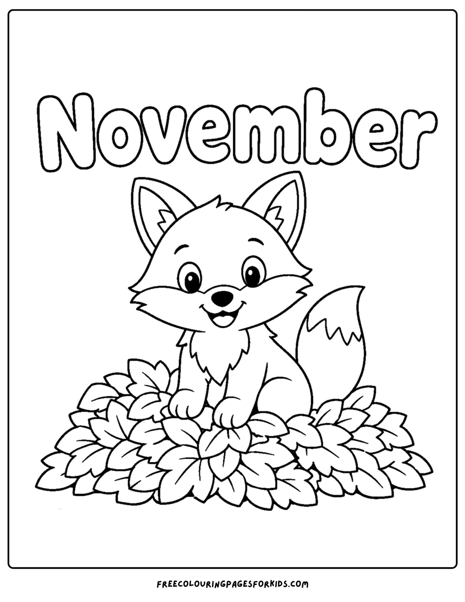 a coloring page to celebrate the month of november that features a fox sitting in a leaf pile