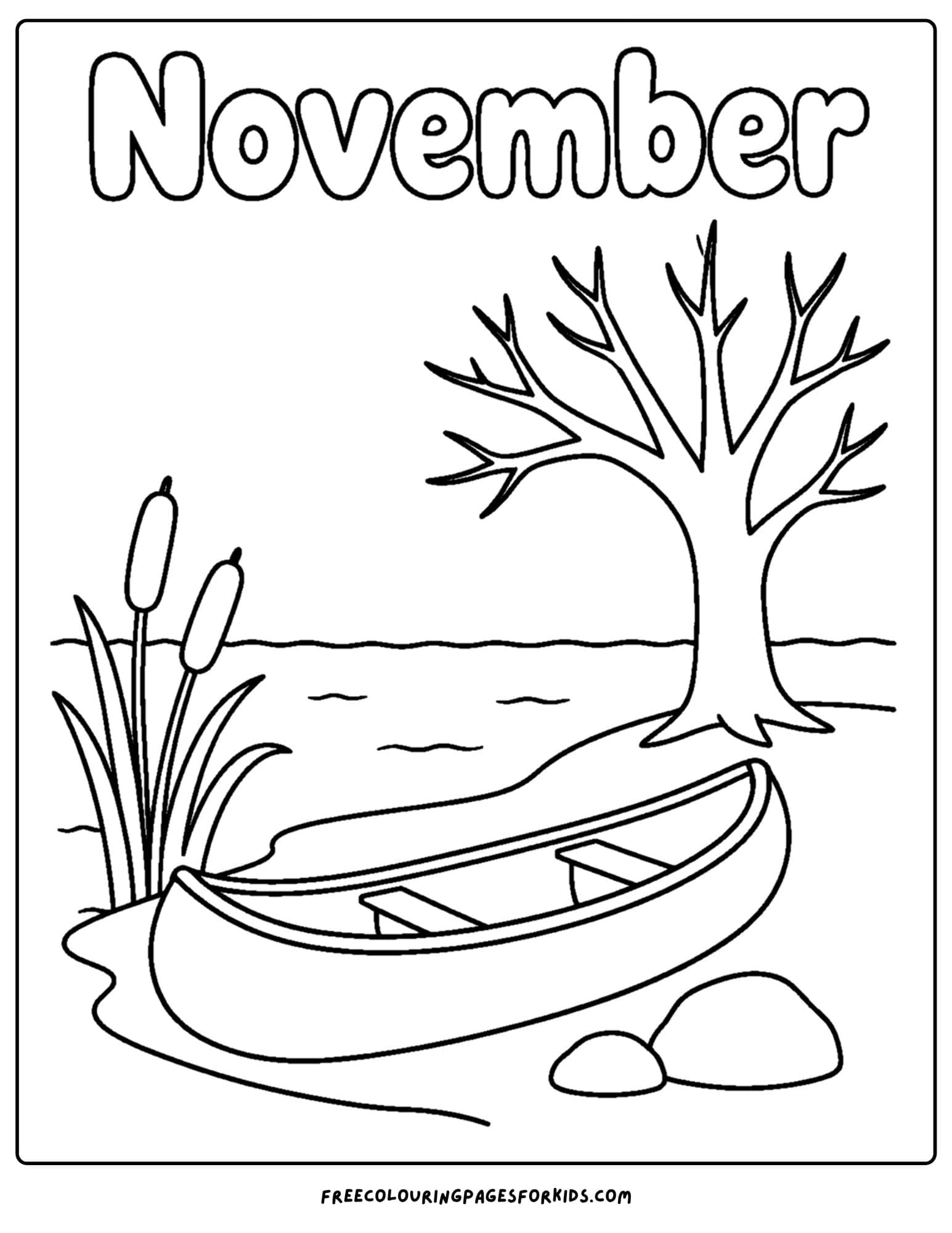 a coloring page to celebrate the month of november that features a canoe on the shore of a lake