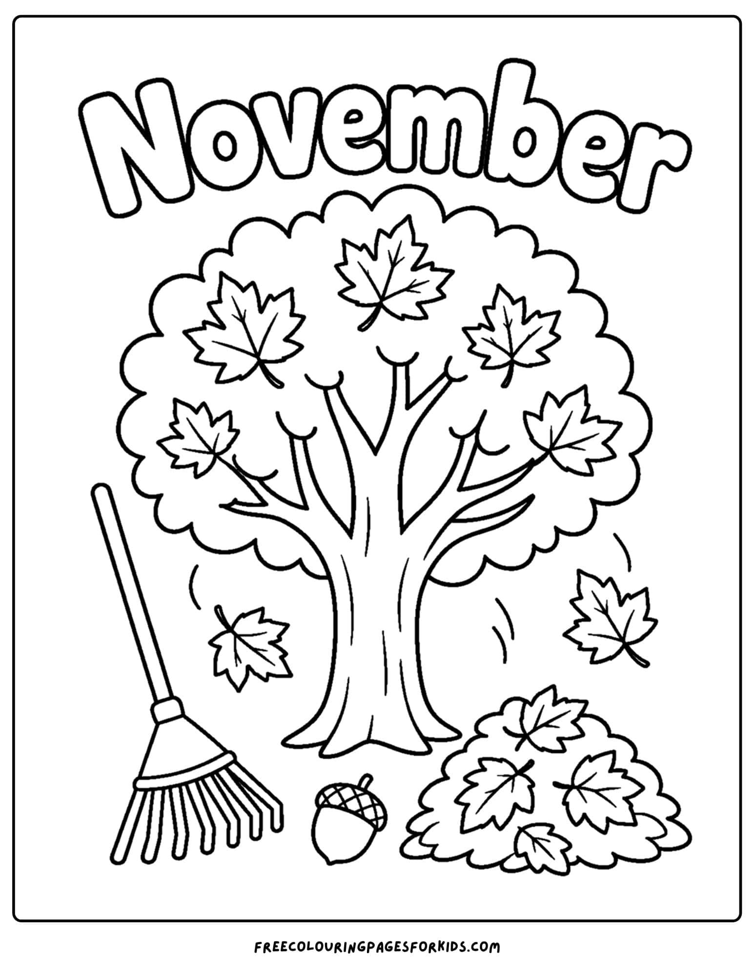 a coloring page to celebrate the month of november that features a maple tree with a pile of leaves below