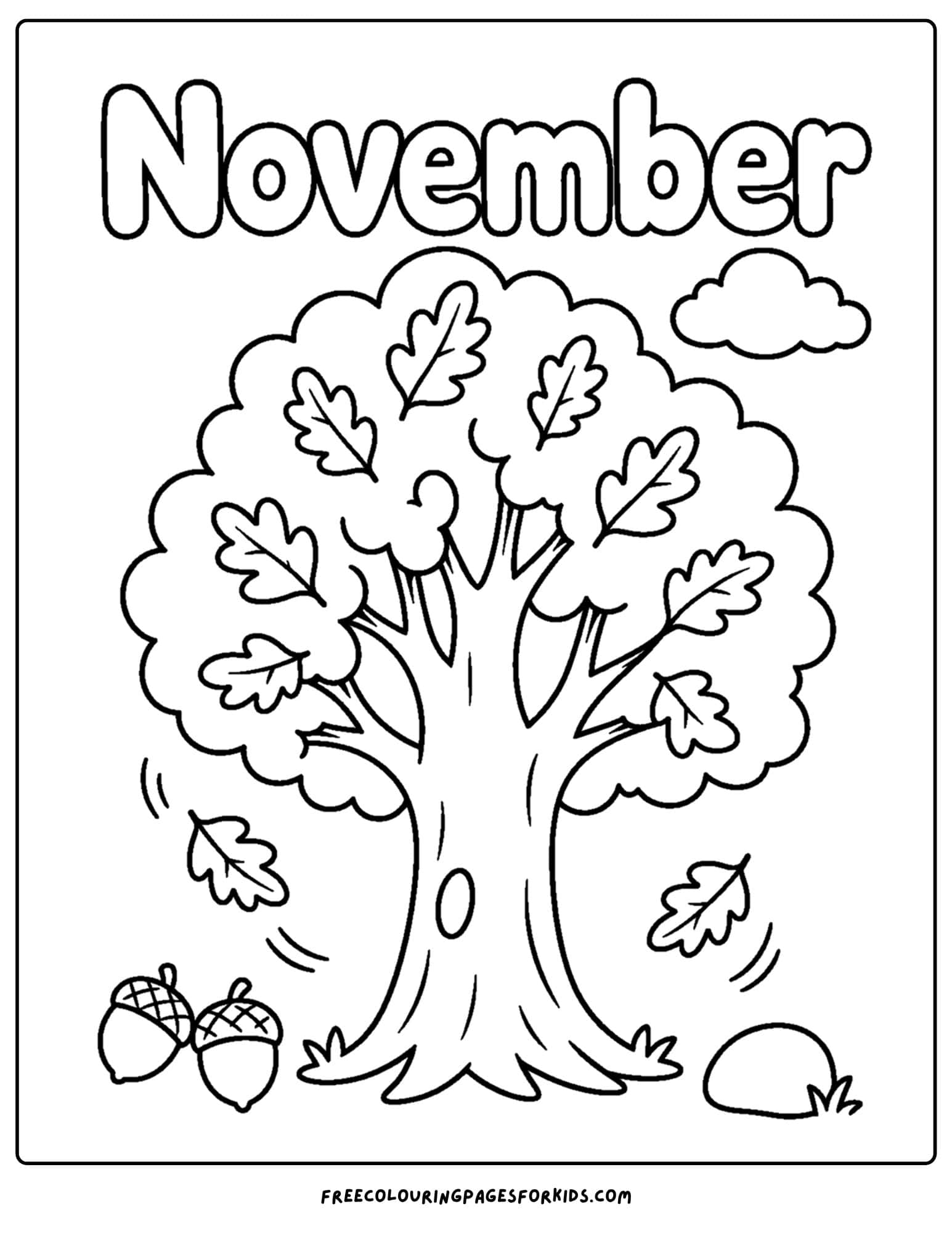 a coloring page to celebrate the month of november that features a big oak tree