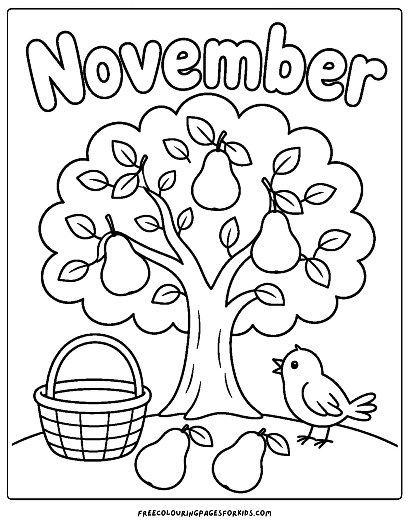 a coloring page to celebrate the month of november that features a pear tree with a basket to collect the pears