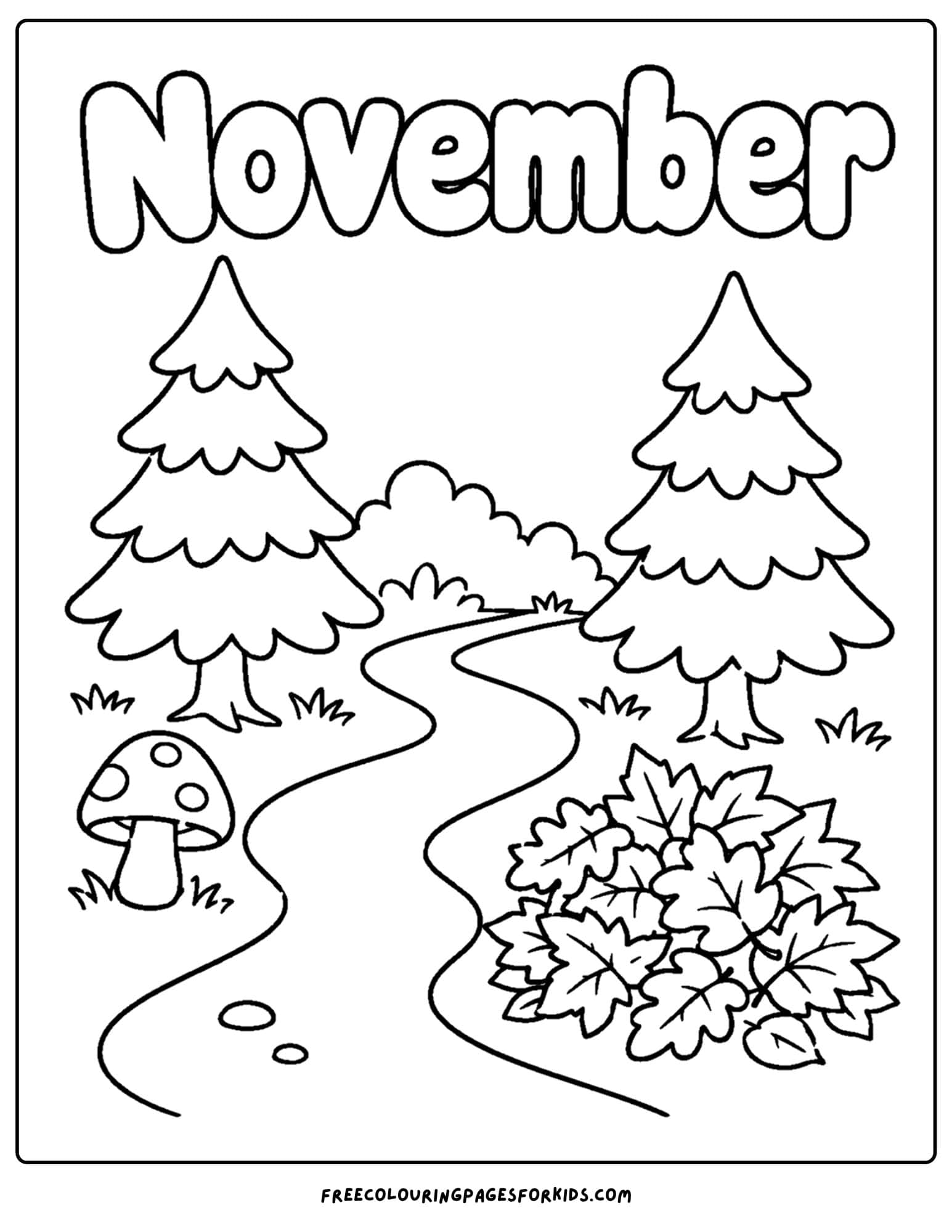 a coloring page to celebrate the month of november that features path winding between two tall trees