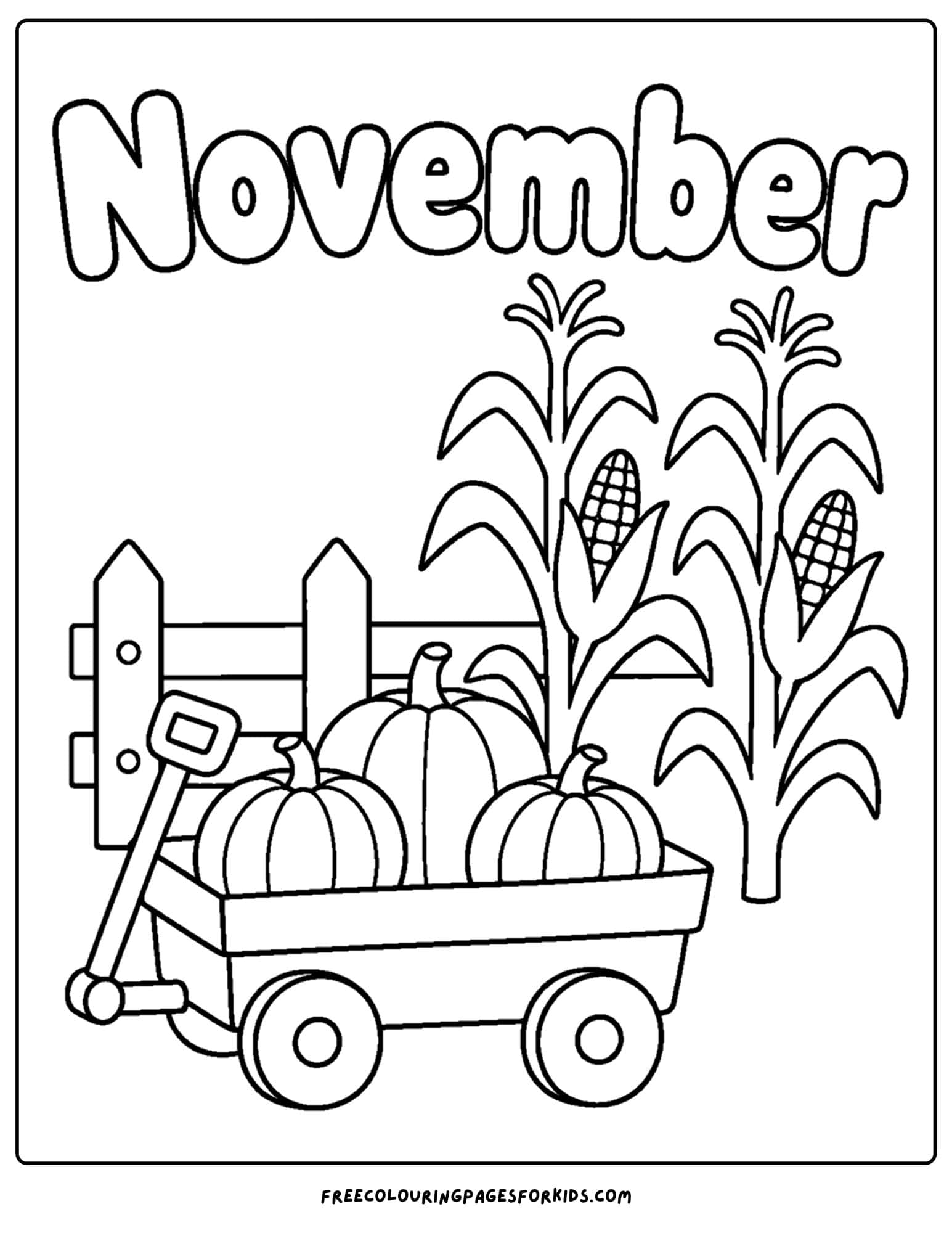 a coloring page to celebrate the month of november that features a wagon. full of pumpkins beside a fence and some corn