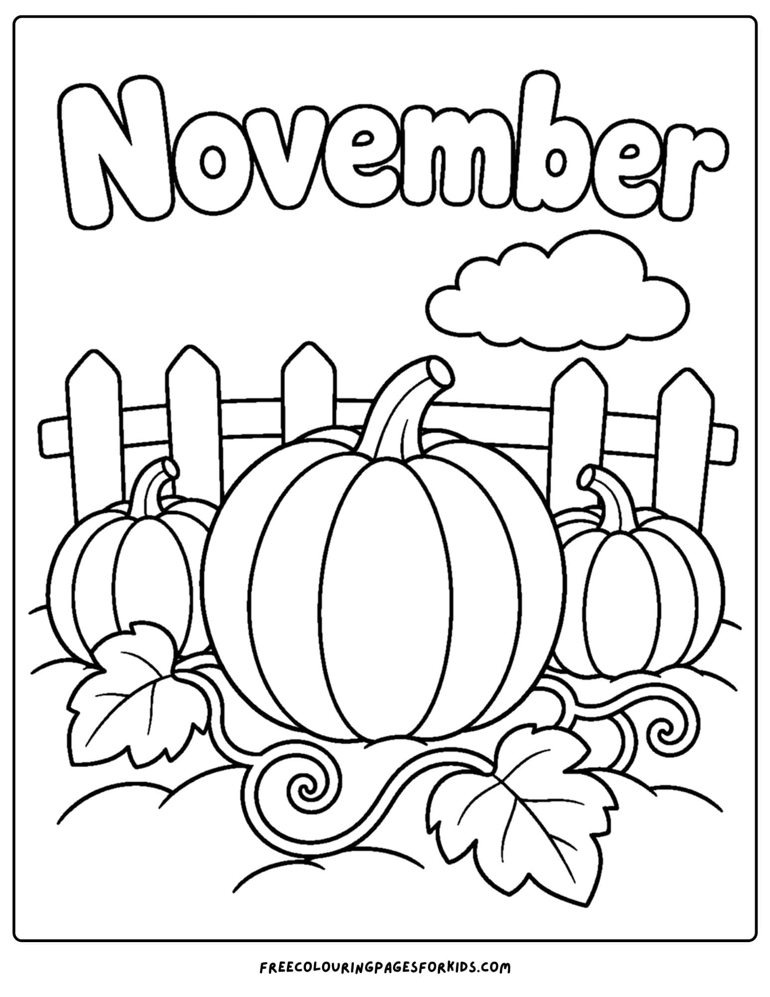 a coloring page to celebrate the month of november that features pumpkin patch beside a fence