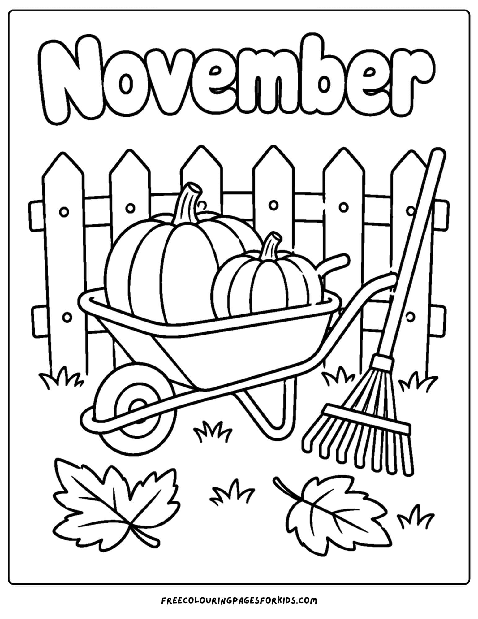 a coloring page to celebrate the month of november that features a wheelbarrow full of pumpkins