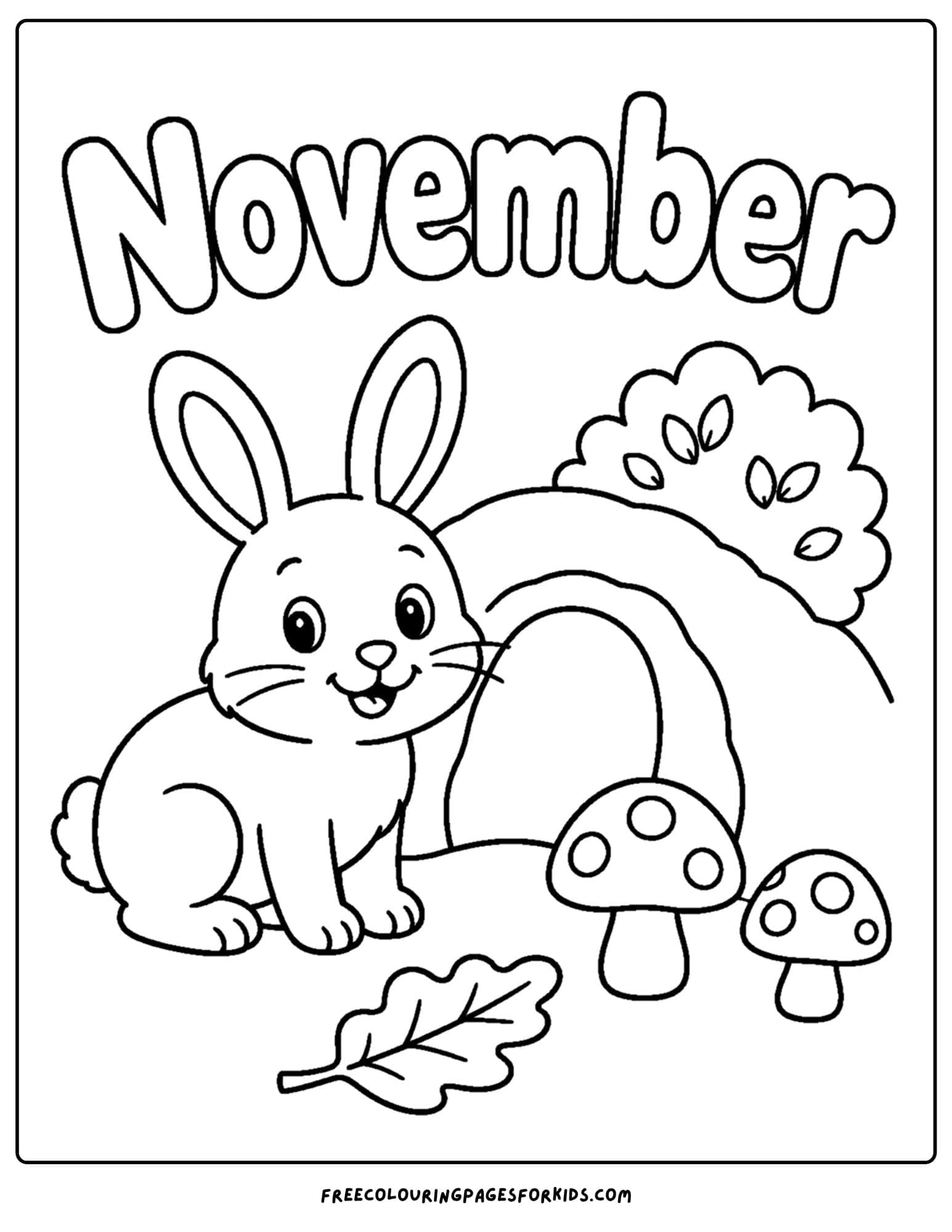 a coloring page to celebrate the month of november that features a rabbit outside a burrow
