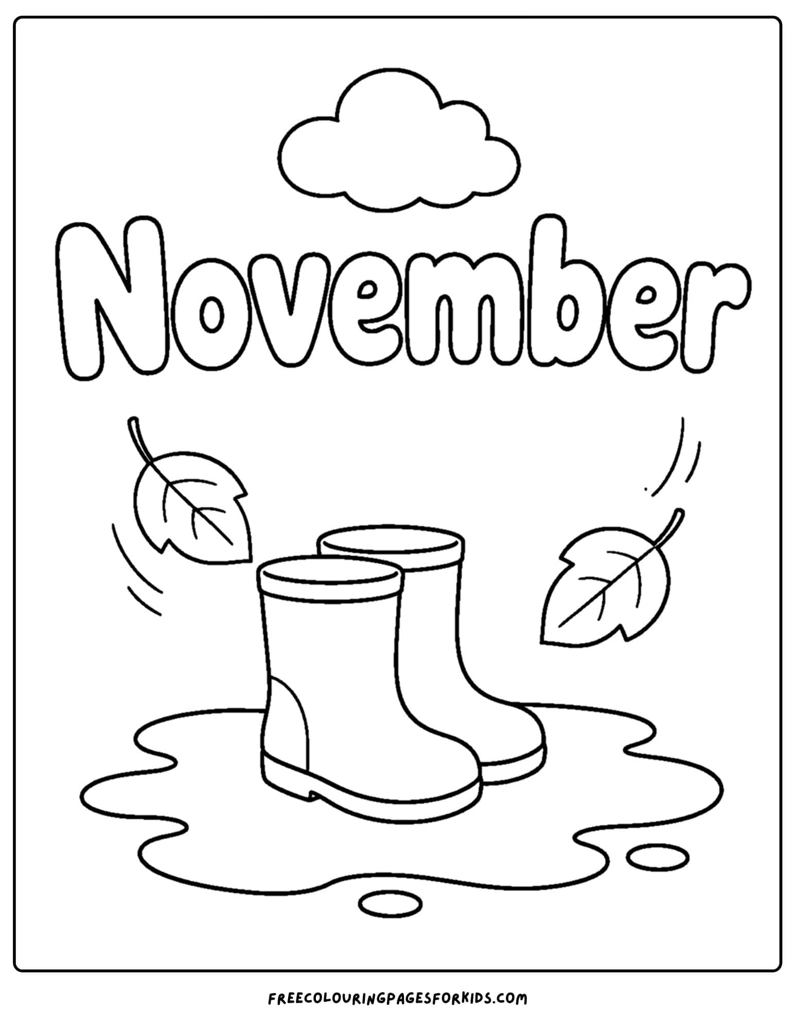 a coloring page to celebrate the month of november that features rain boots in a puddle