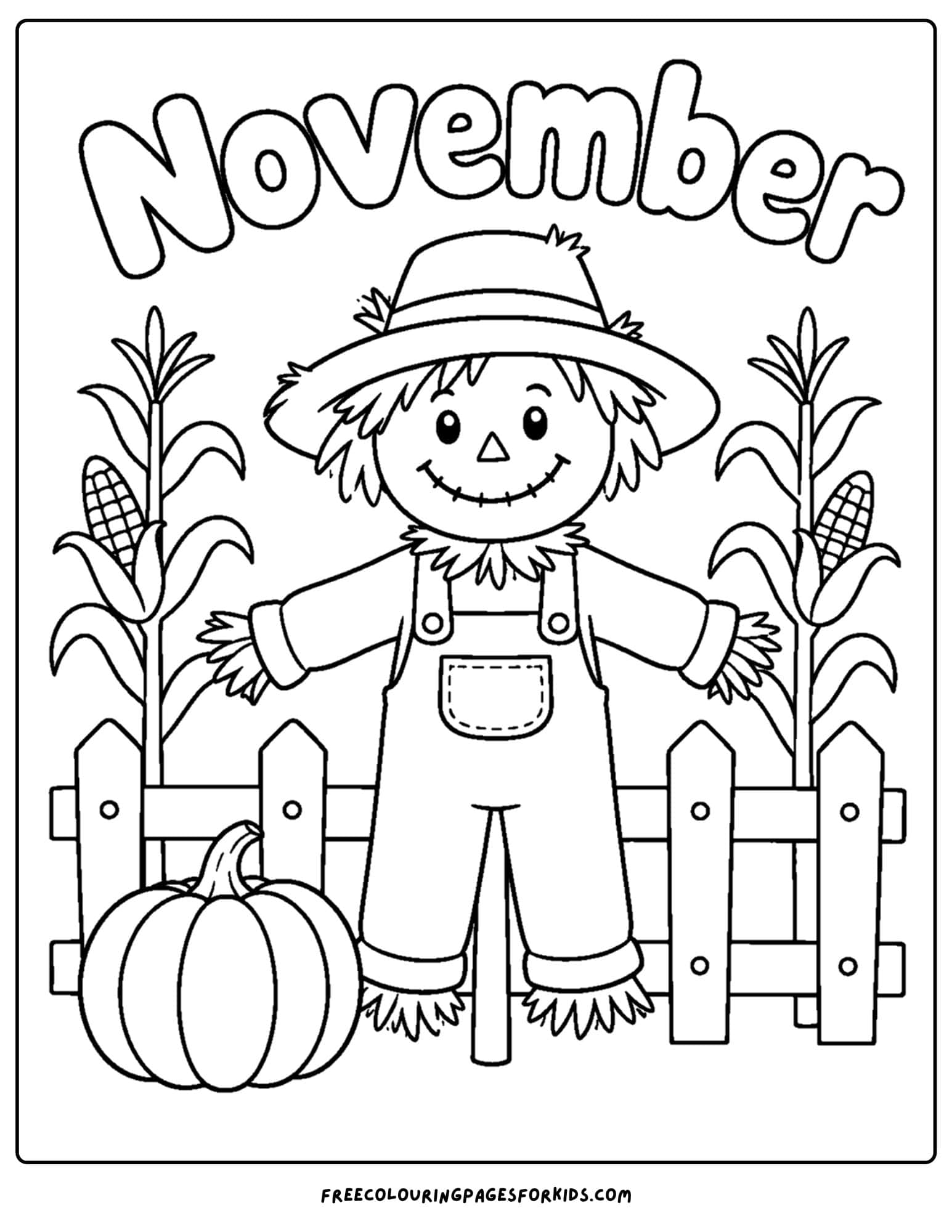 a coloring page to celebrate the month of november that features a scarecrow in a corn field