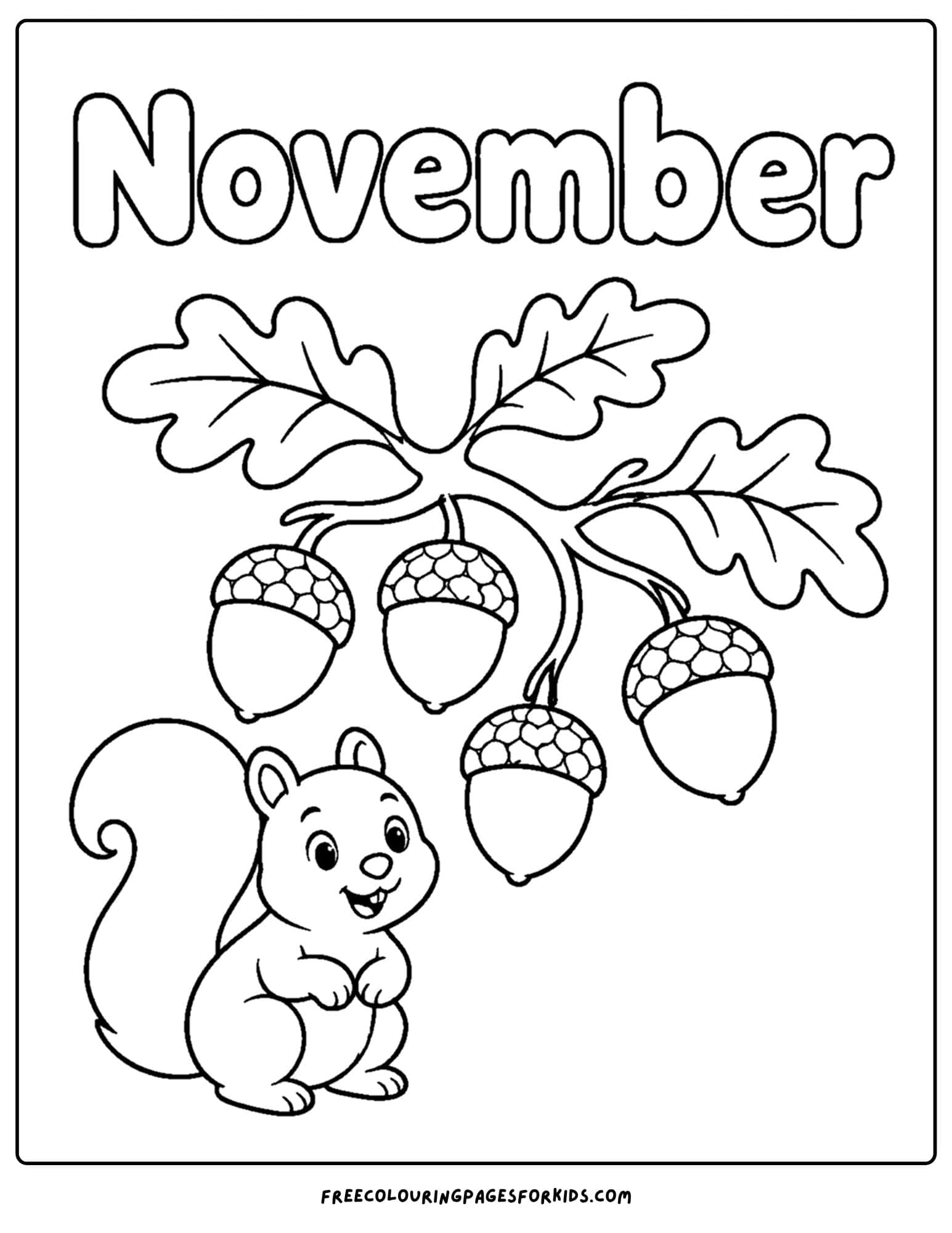 a coloring page to celebrate the month of november that features a squirrel under a branch full of acorns