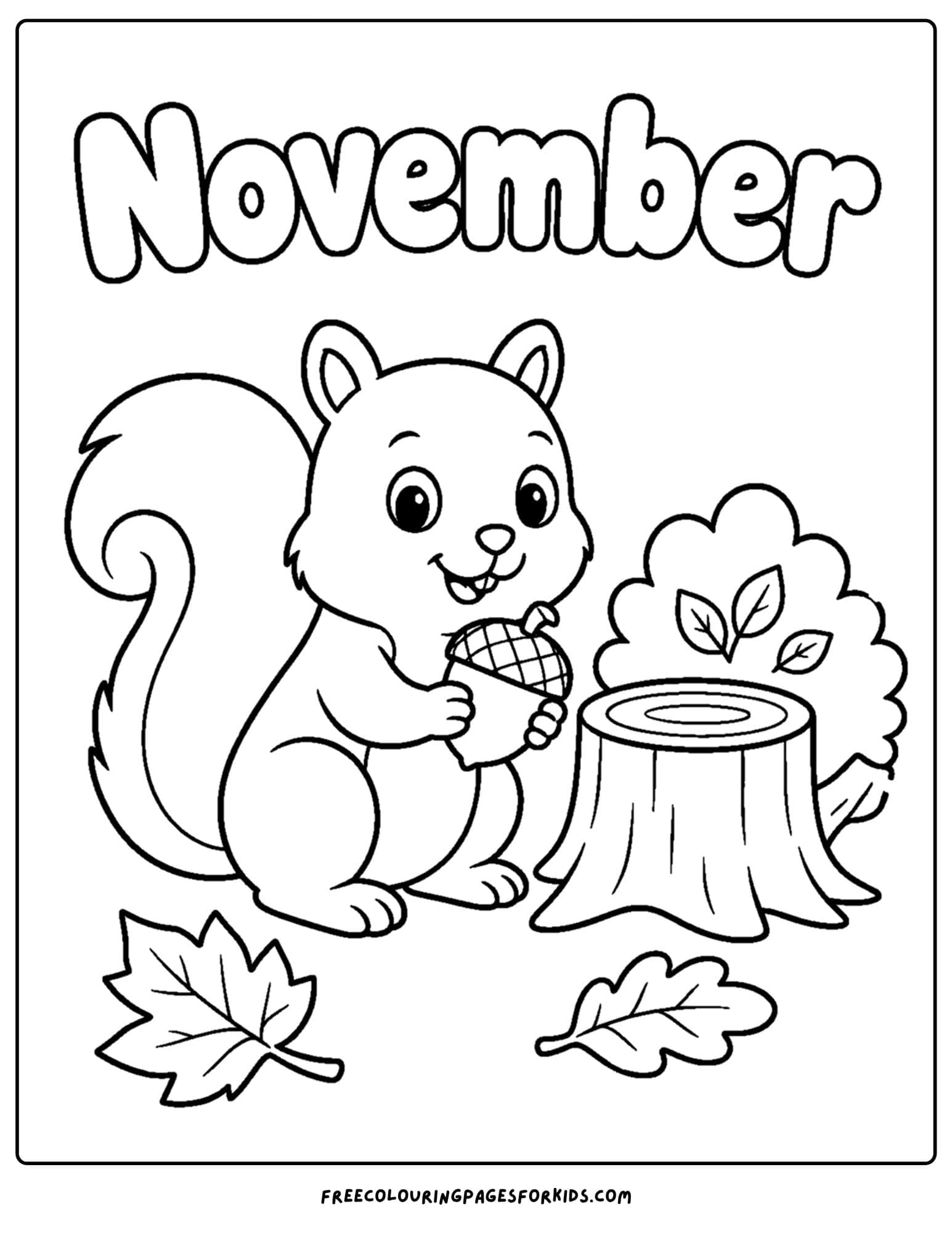 a coloring page to celebrate the month of november that features a squirrel holding an acorn beside a tree stump