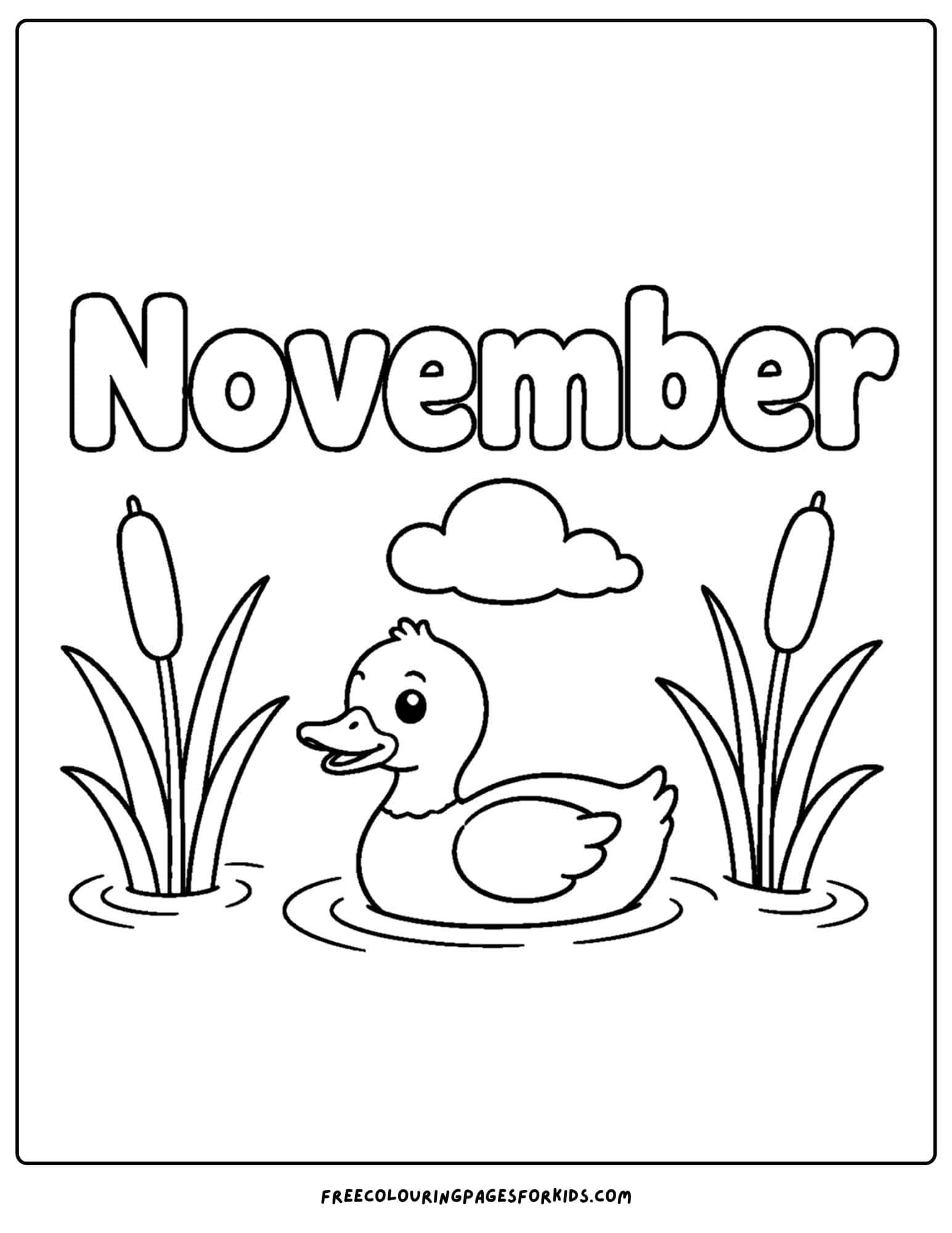 a coloring page to celebrate the month of november that features duck on a pond