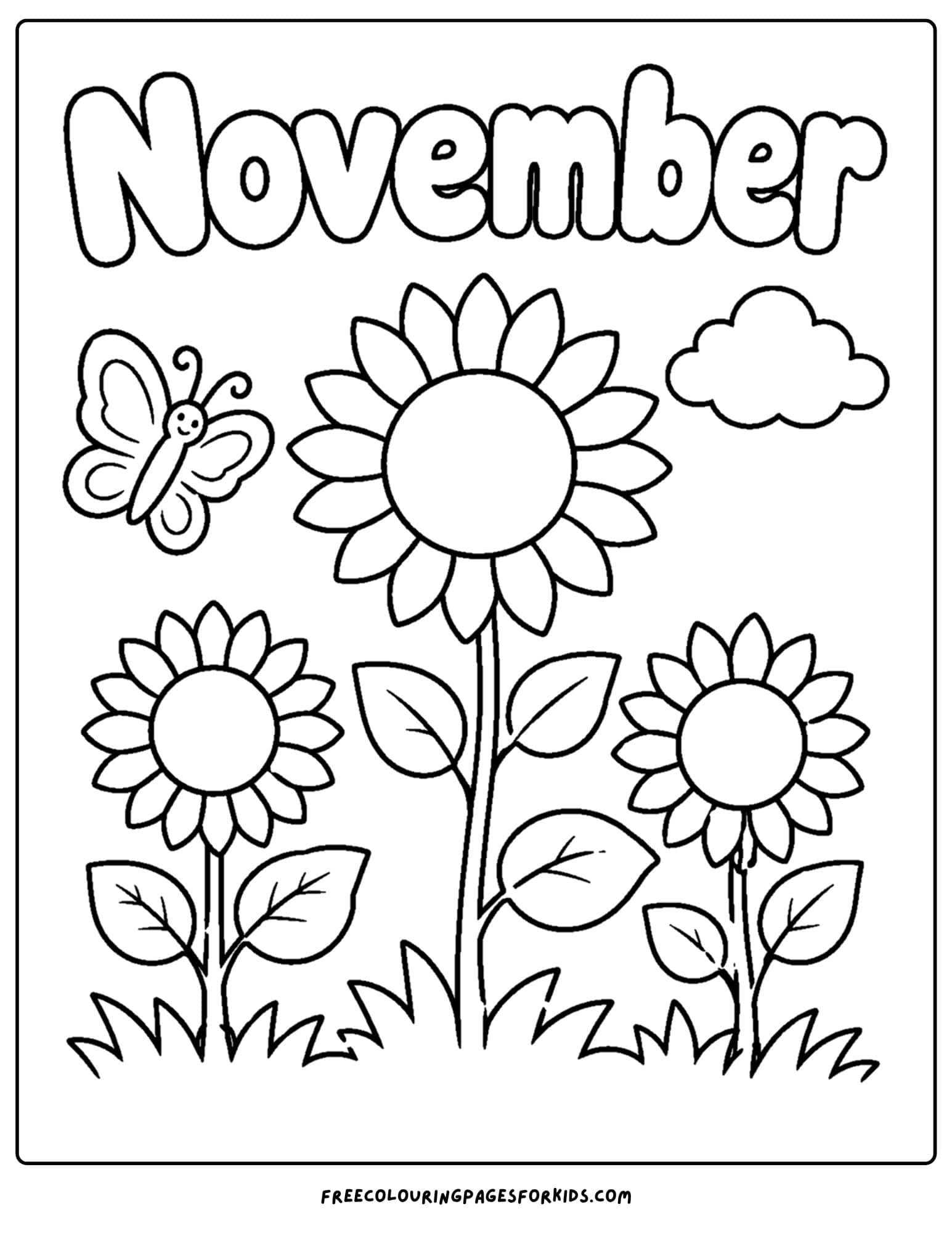 a coloring page to celebrate the month of november that features beautiful blooming sunflowers and a butterfly