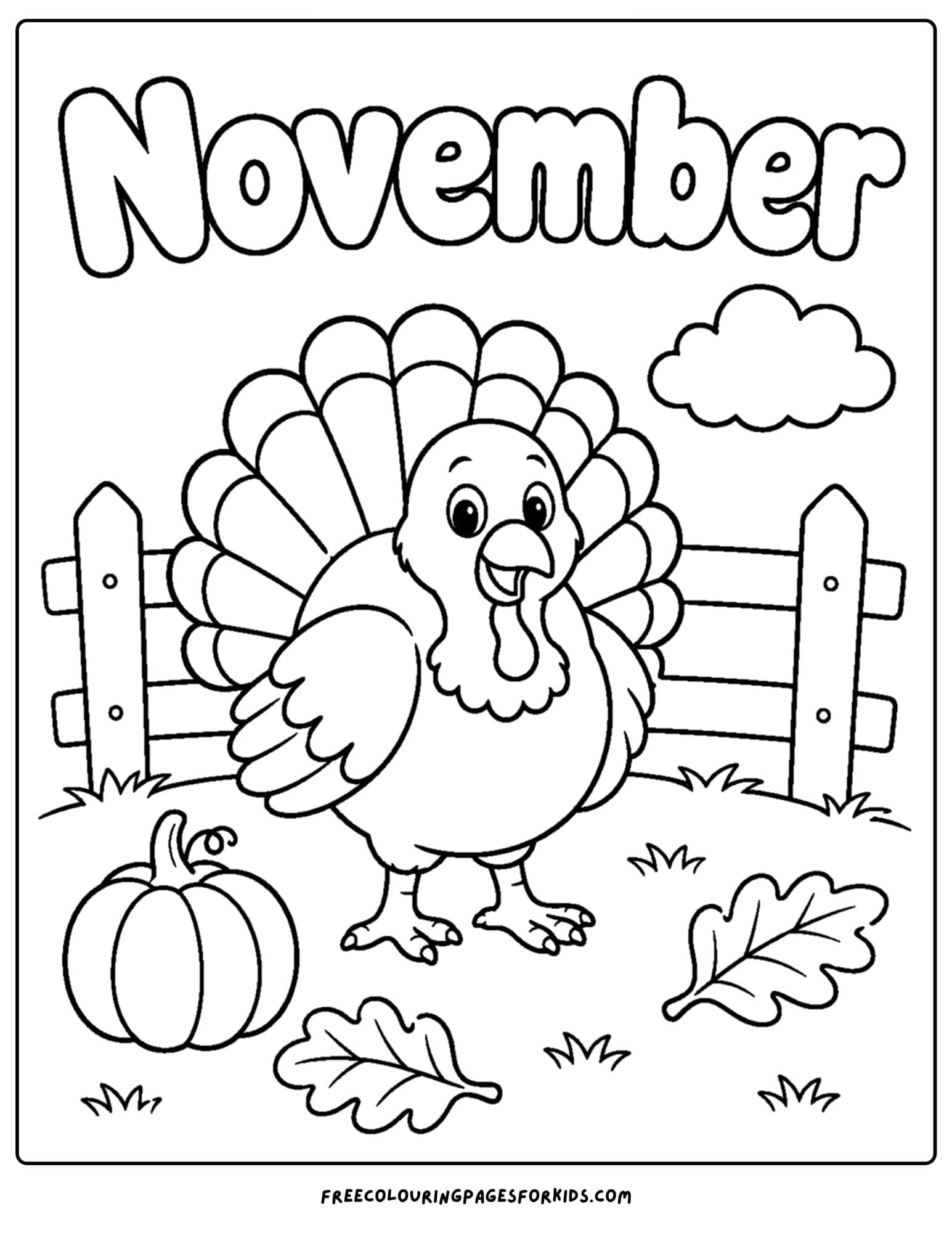 a coloring page to celebrate the month of november that features a turkey beside a fence with a pumpkin
