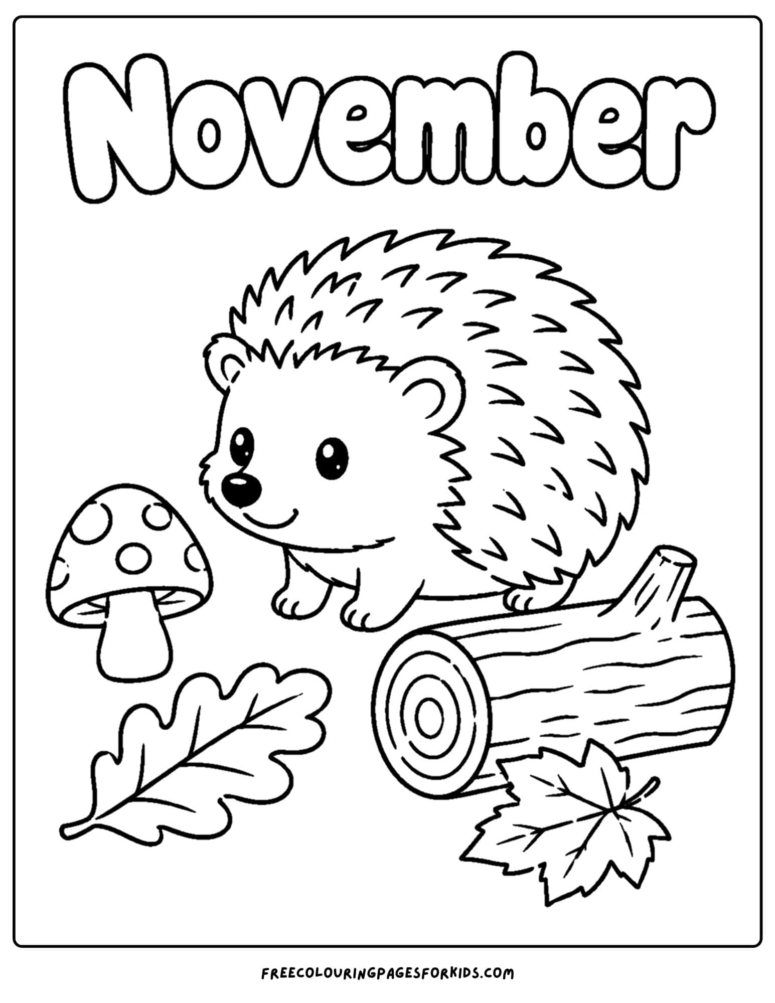 a coloring page to celebrate the month of november that features hedgehog beside a log and mushroom