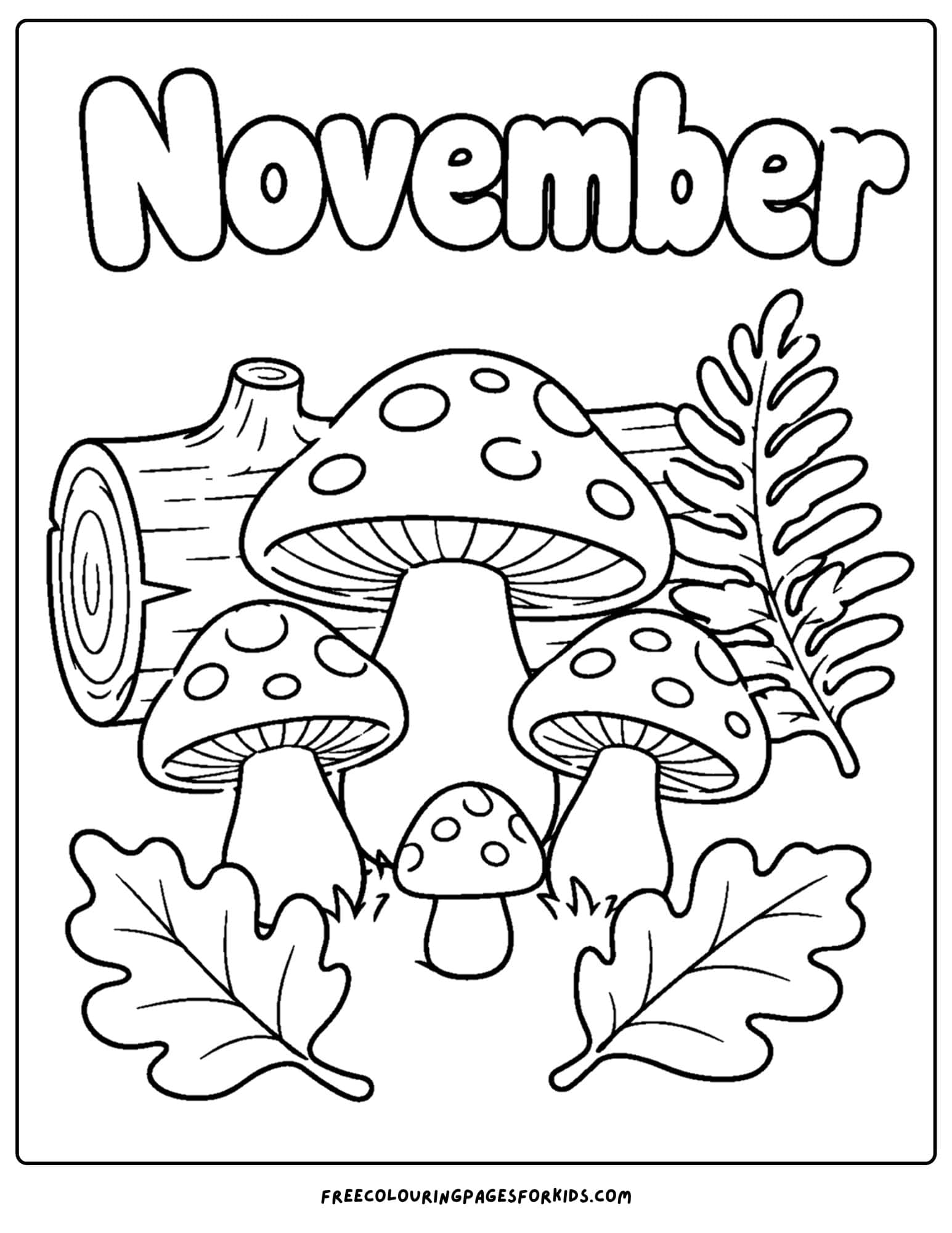 a coloring page to celebrate the month of november that features mushrooms sprouting beside a big log